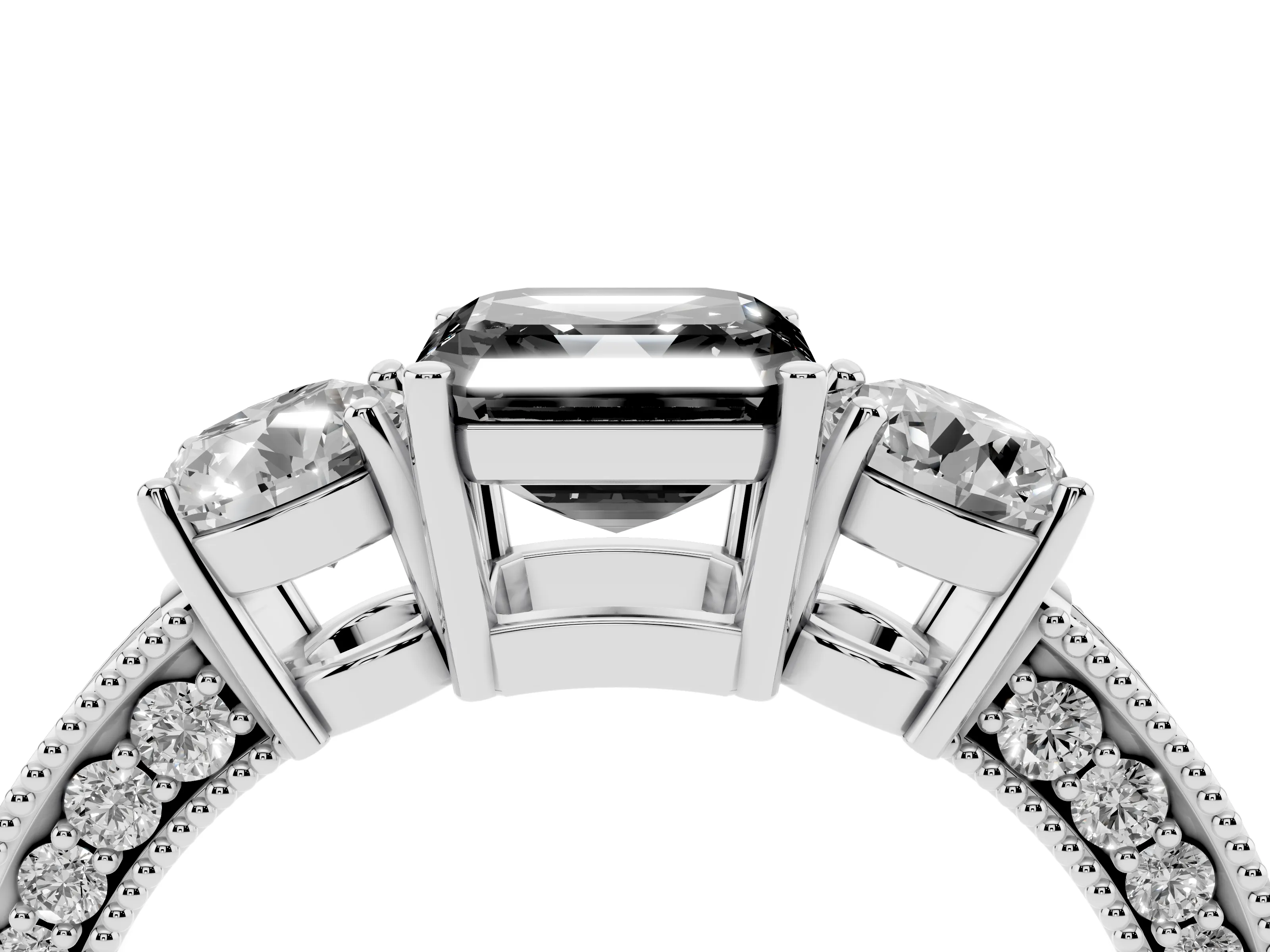 Fancy Black Asscher Cut Diamond Three-Stone Ring Set in White gold with Round Side Stones and Pavé Band