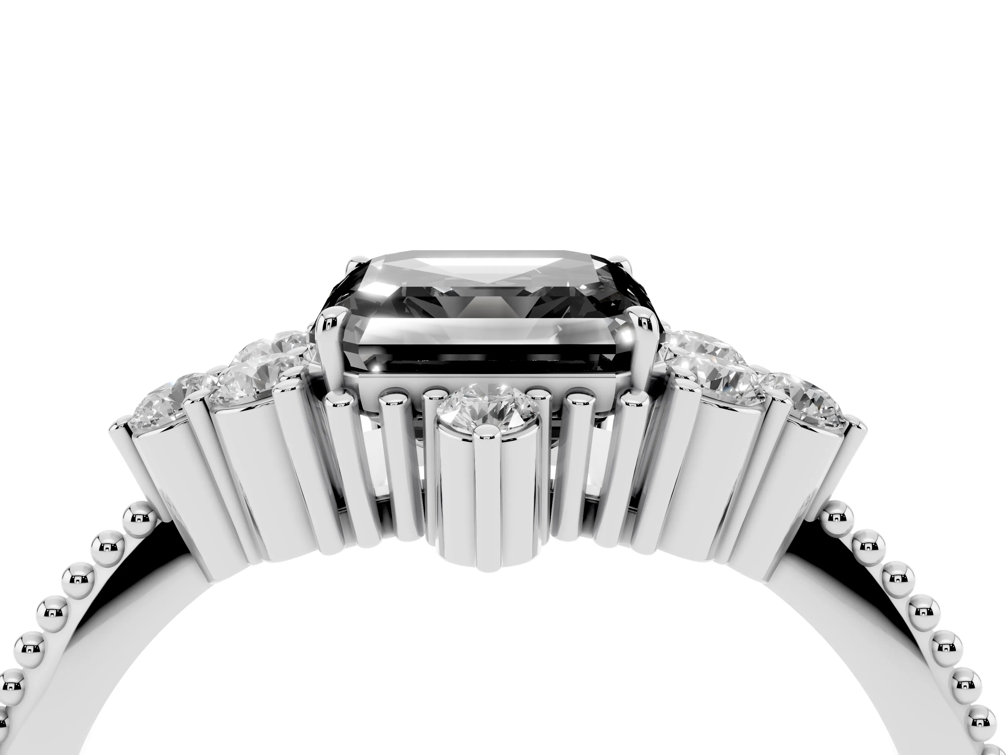 Fancy Black Asscher Cut Diamond Cluster Ring Set in Silver with Beaded Band