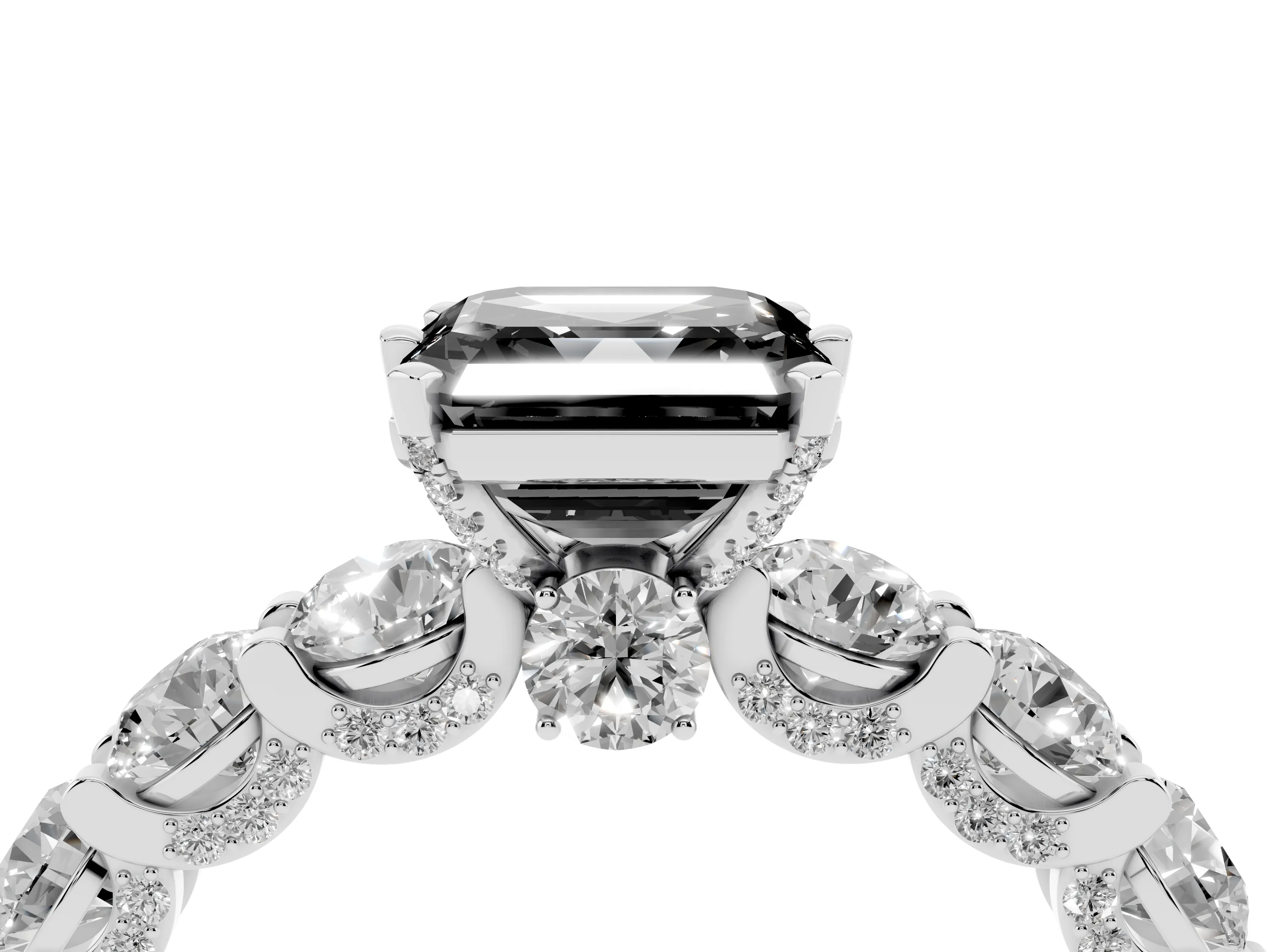 Fancy Black Asscher Cut Diamond Side Stone Ring Set in Silver with Alternating Round and Oval Side Stones