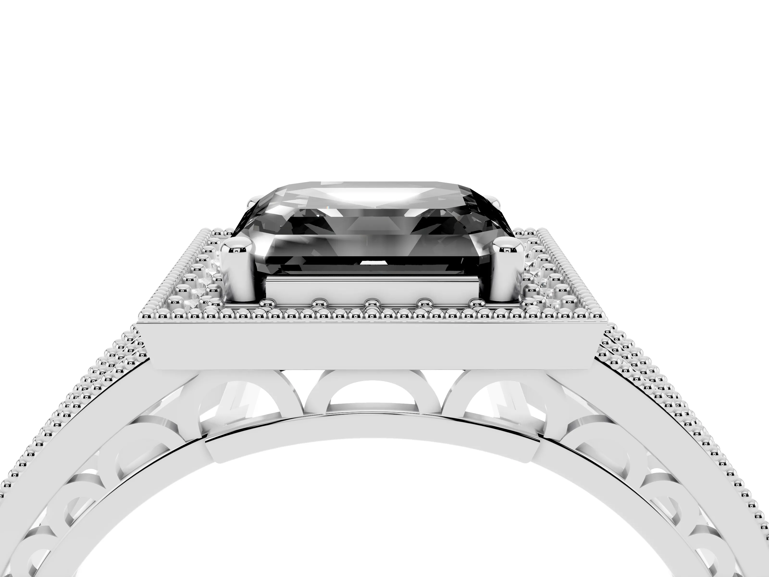 Fancy Black Asscher Cut Diamond Halo Ring Set in Platinum with Accent Split Shank and Prong Setting