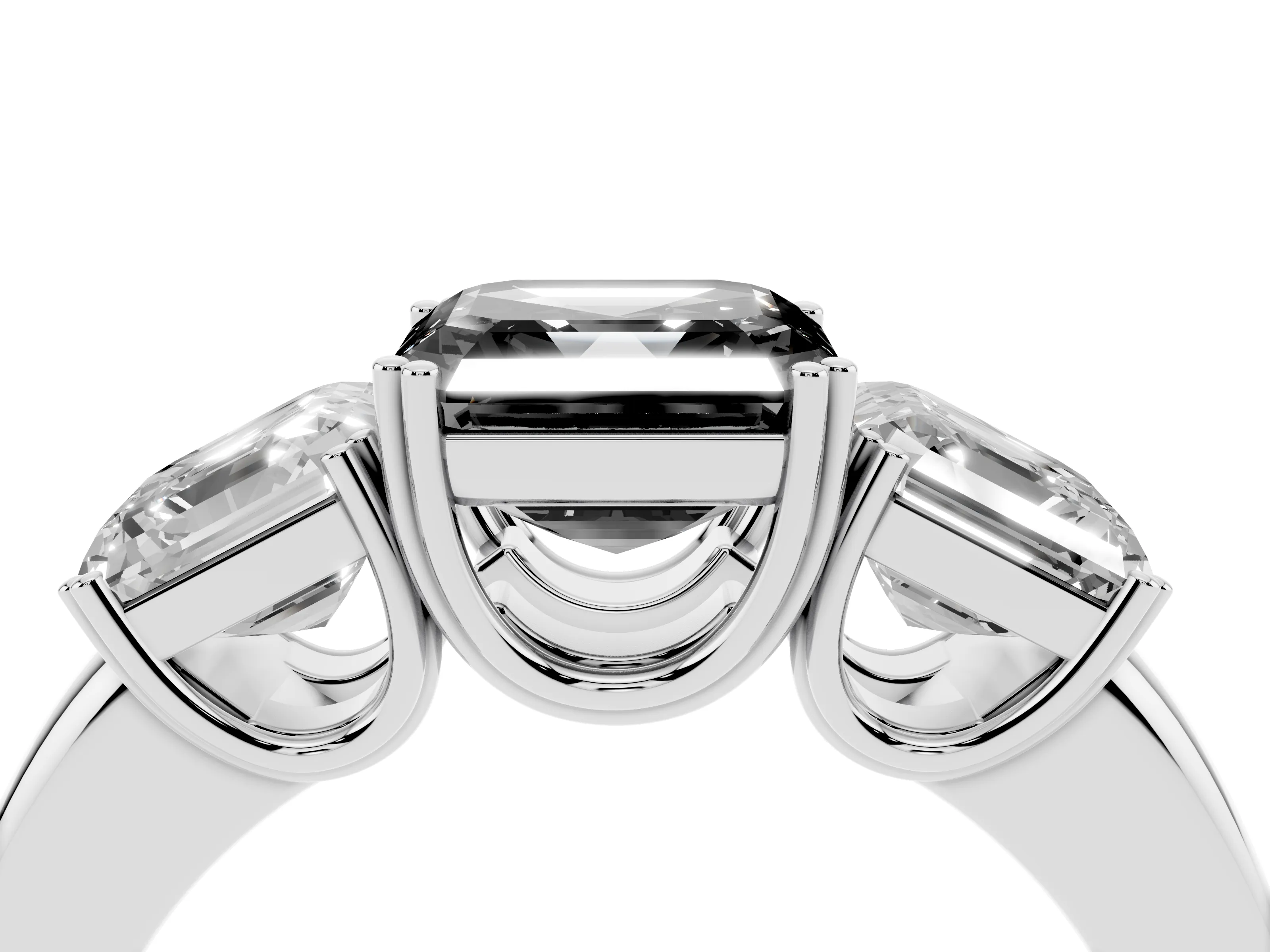 Fancy Black Asscher Cut Diamond Three-Stone Ring Set in Silver with Polished Band and Prong Setting