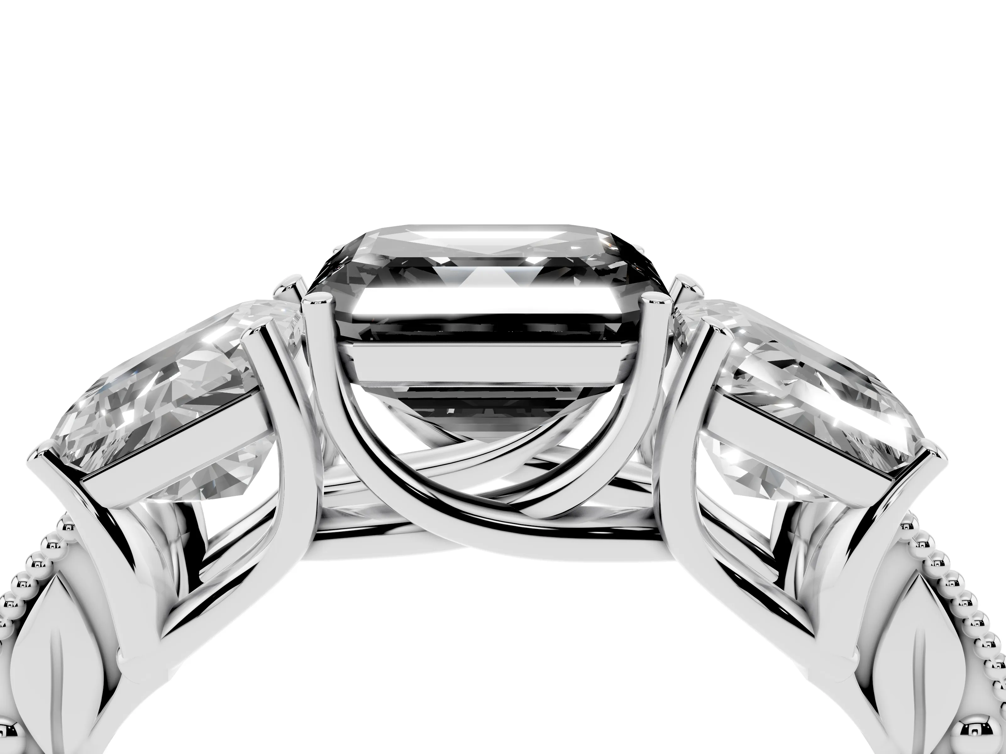 Fancy Black Asscher Cut Diamond Three-Stone Engagement Ring Set in Silver with Milgrain Pavé Band