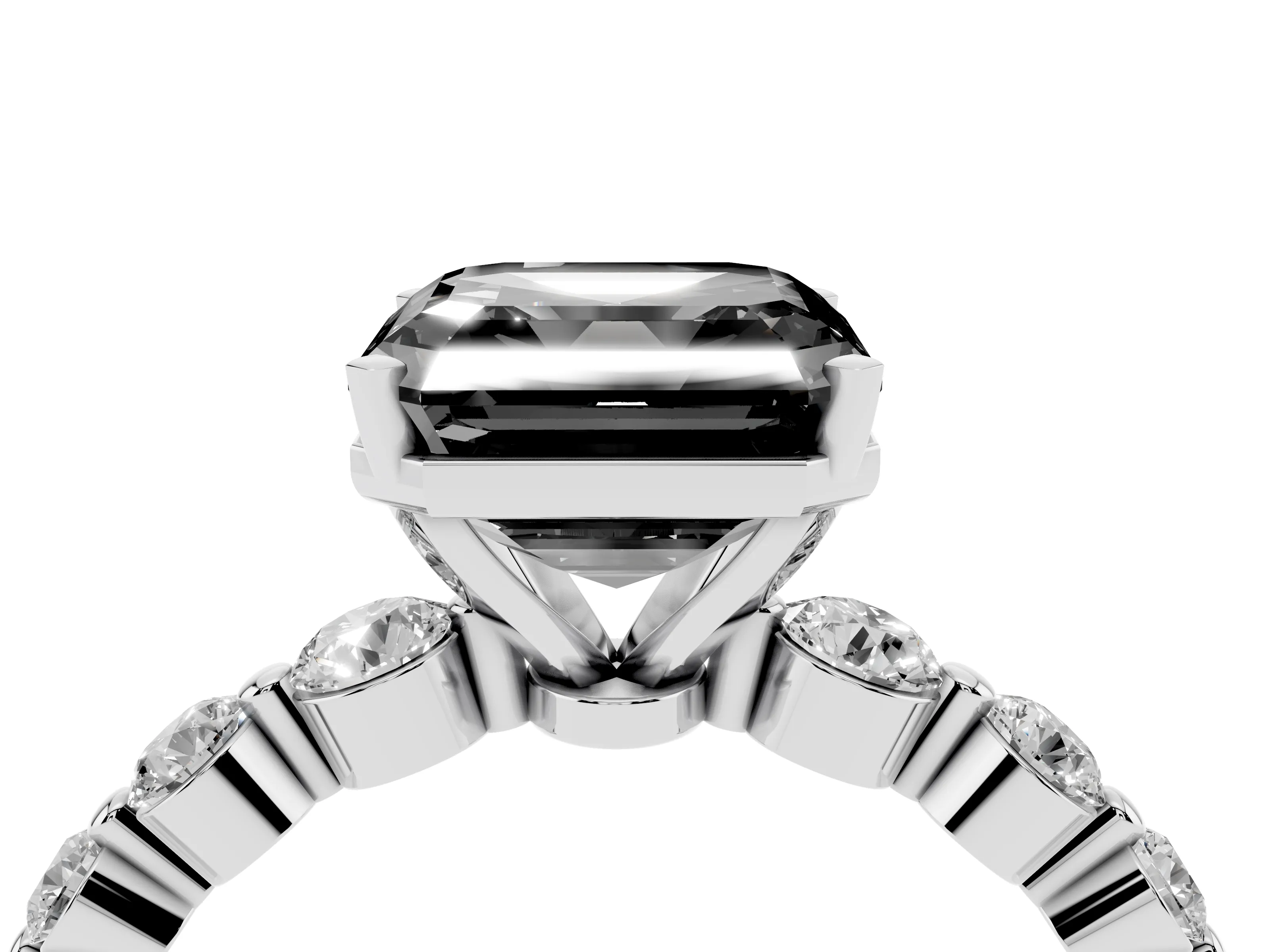 Fancy Black Asscher Cut Diamond Solitaire Ring Set in Platinum with Pavé Band and Prong Setting