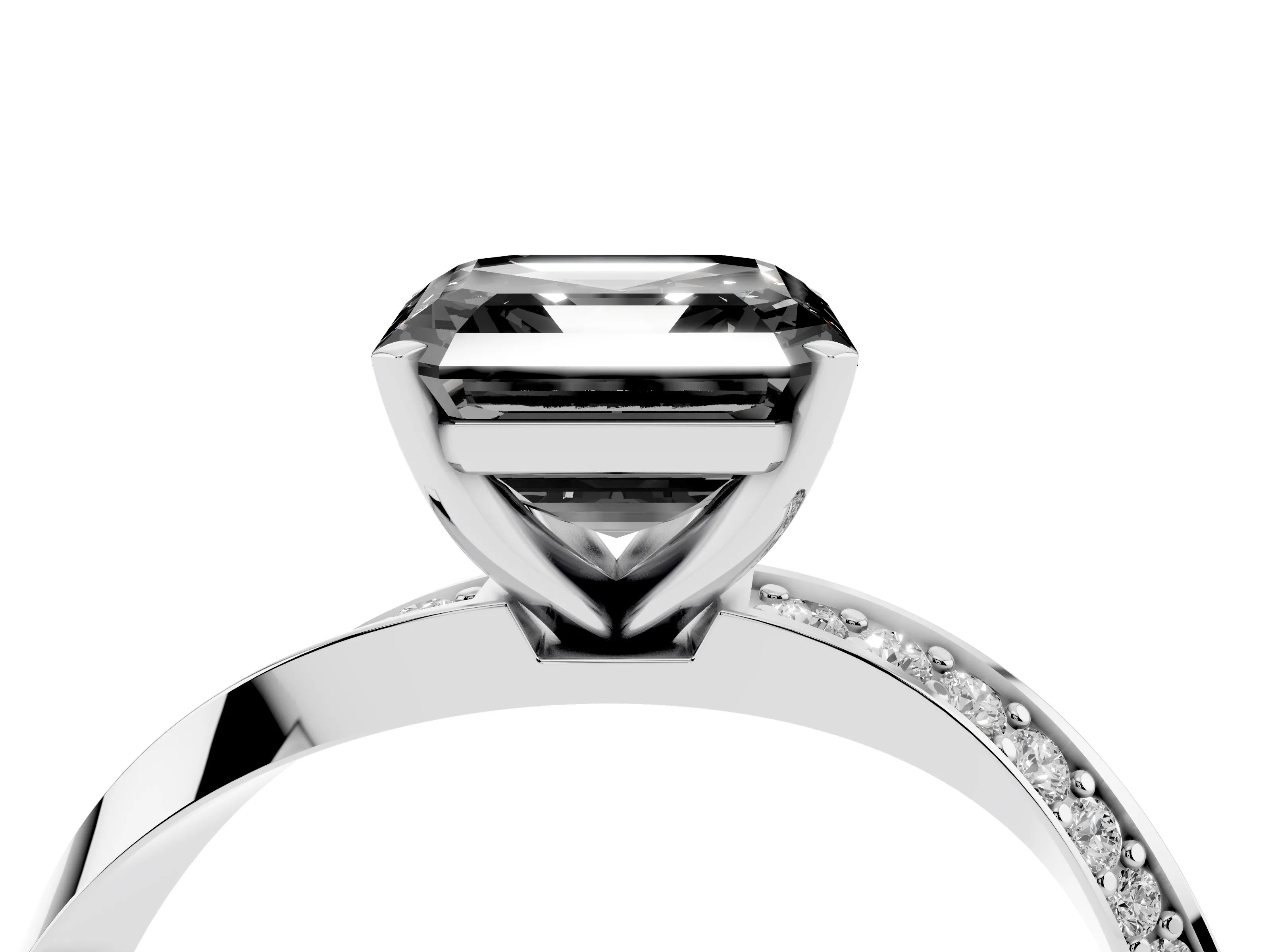 Fancy Black Asscher Cut Diamond Engagement Ring Set in White gold with Side Stone Accents and Prong Setting