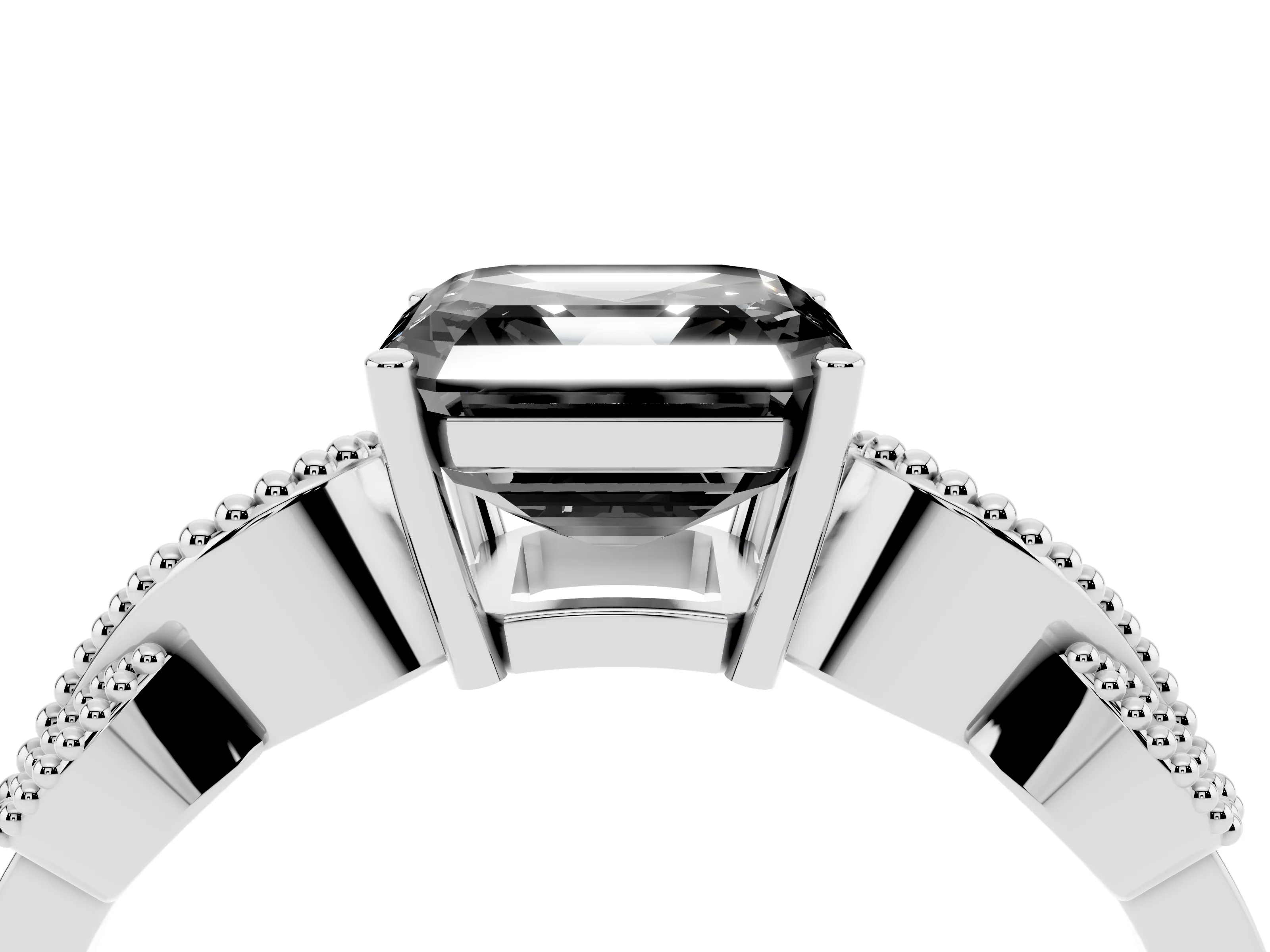 Fancy Black Asscher Cut Diamond Milgrain Leaf Band Solitaire Ring Set in White gold with Accent Stones and Prong Setting