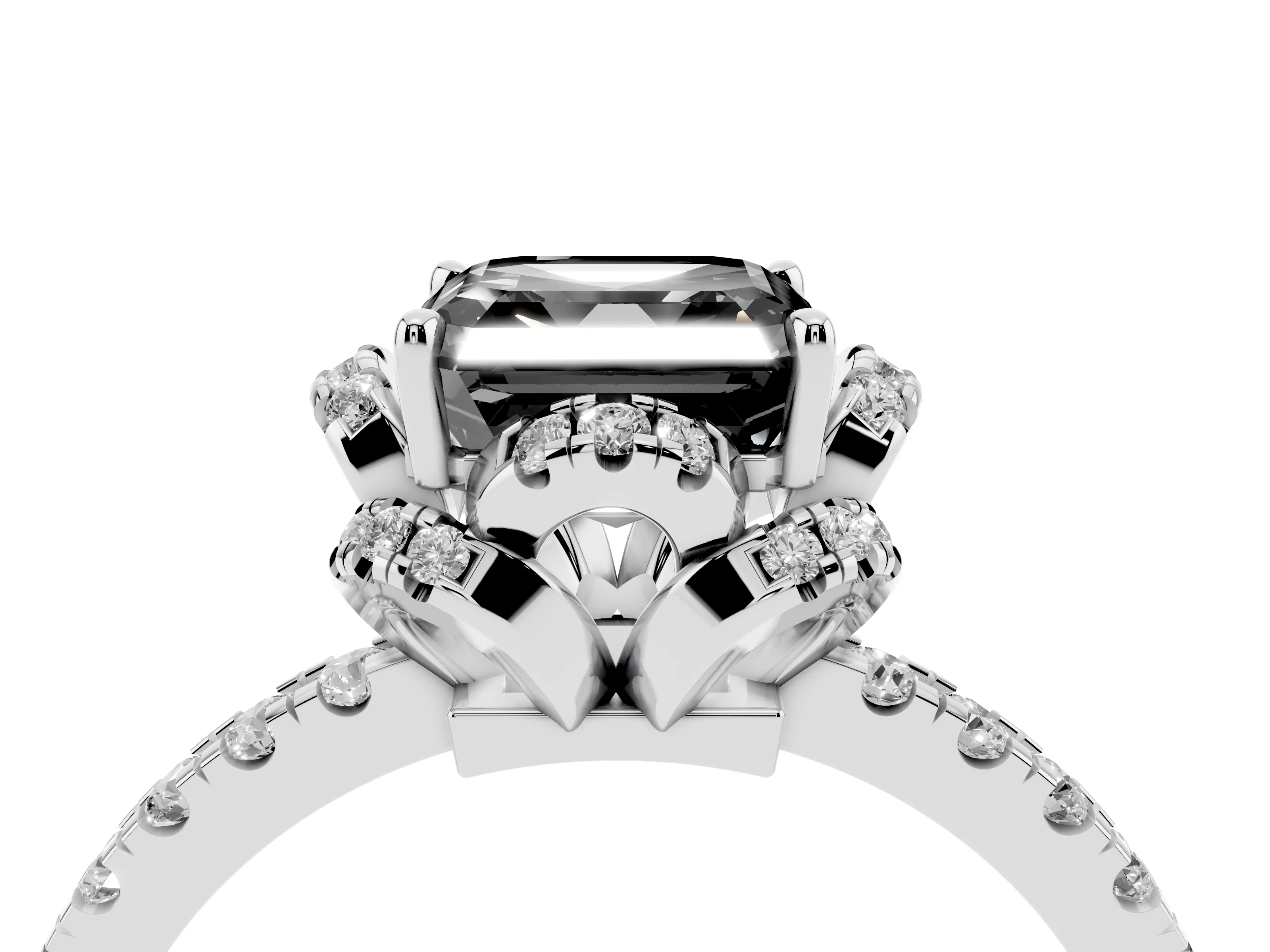 Fancy Black Asscher Cut Diamond Halo Pavé Ring Set in White gold with Prong-Held Center Stone