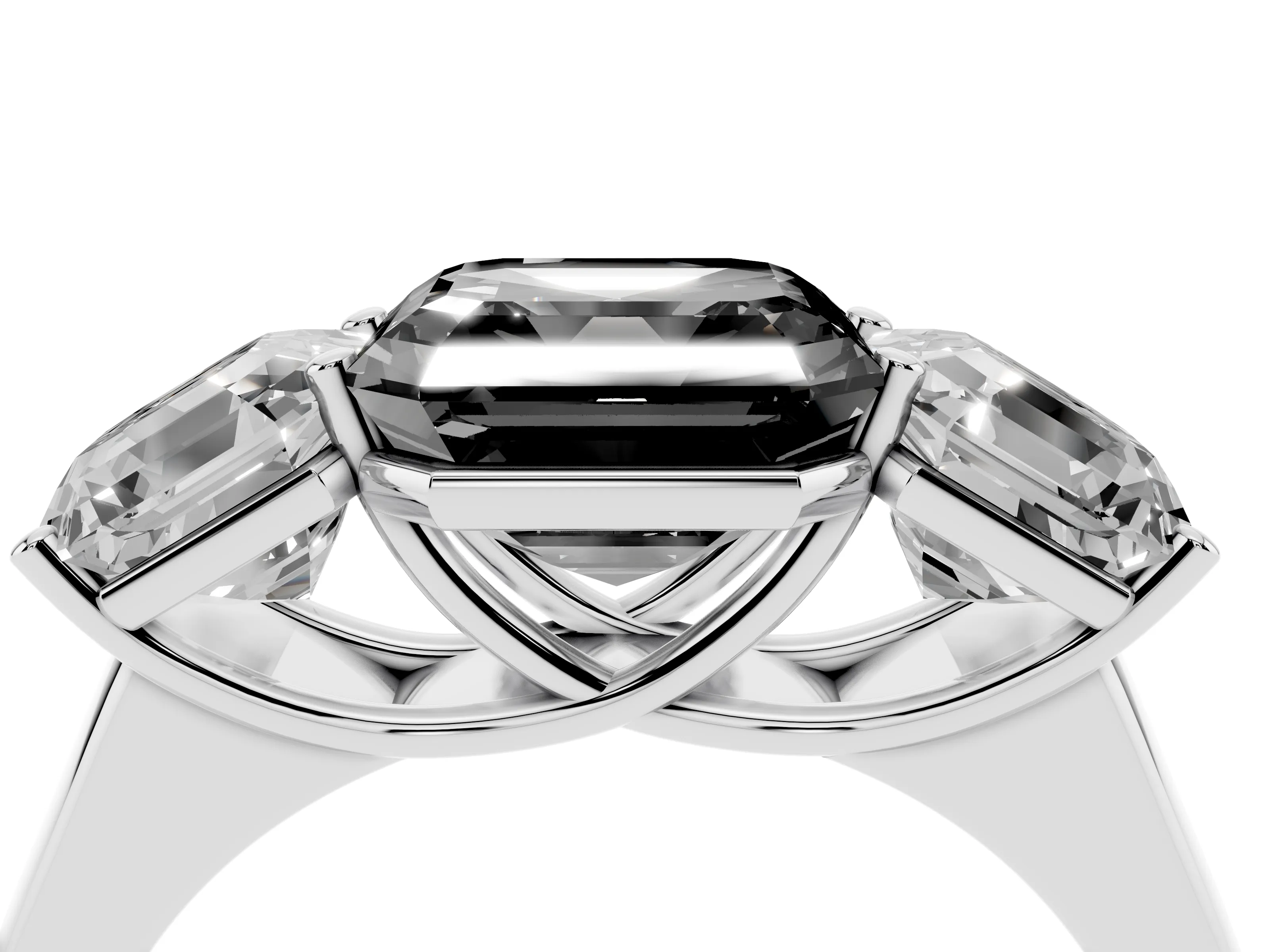 Fancy Black Asscher Cut Diamond Three-Stone Ring Set in White gold with Plain Polished Band
