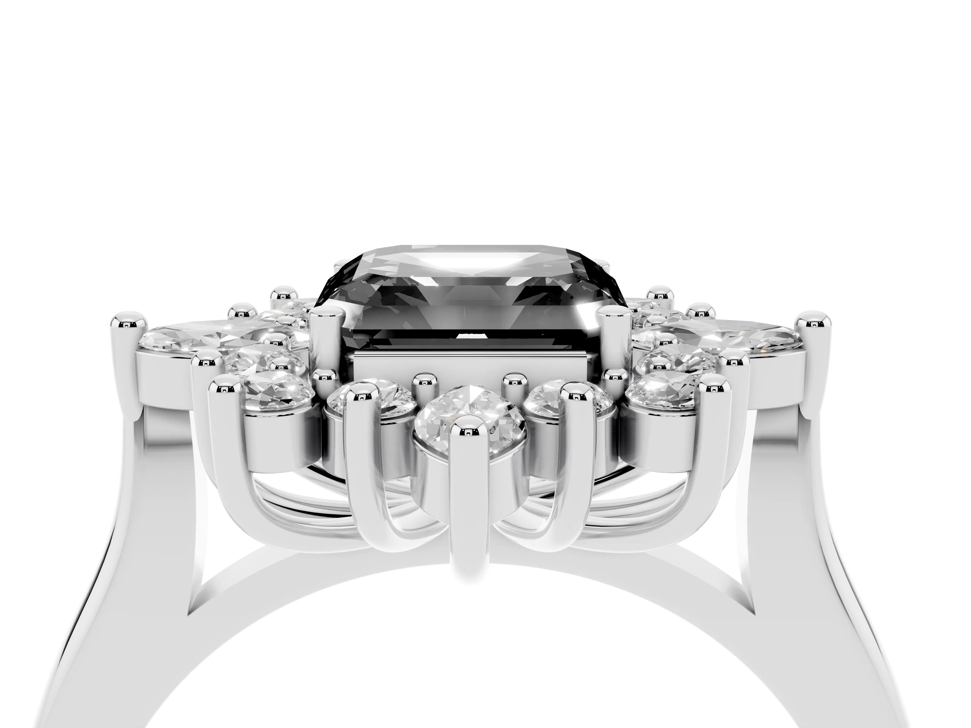 Fancy Black Asscher Cut Diamond Cluster Halo Ring Set in Silver with Marquise and Round Accents