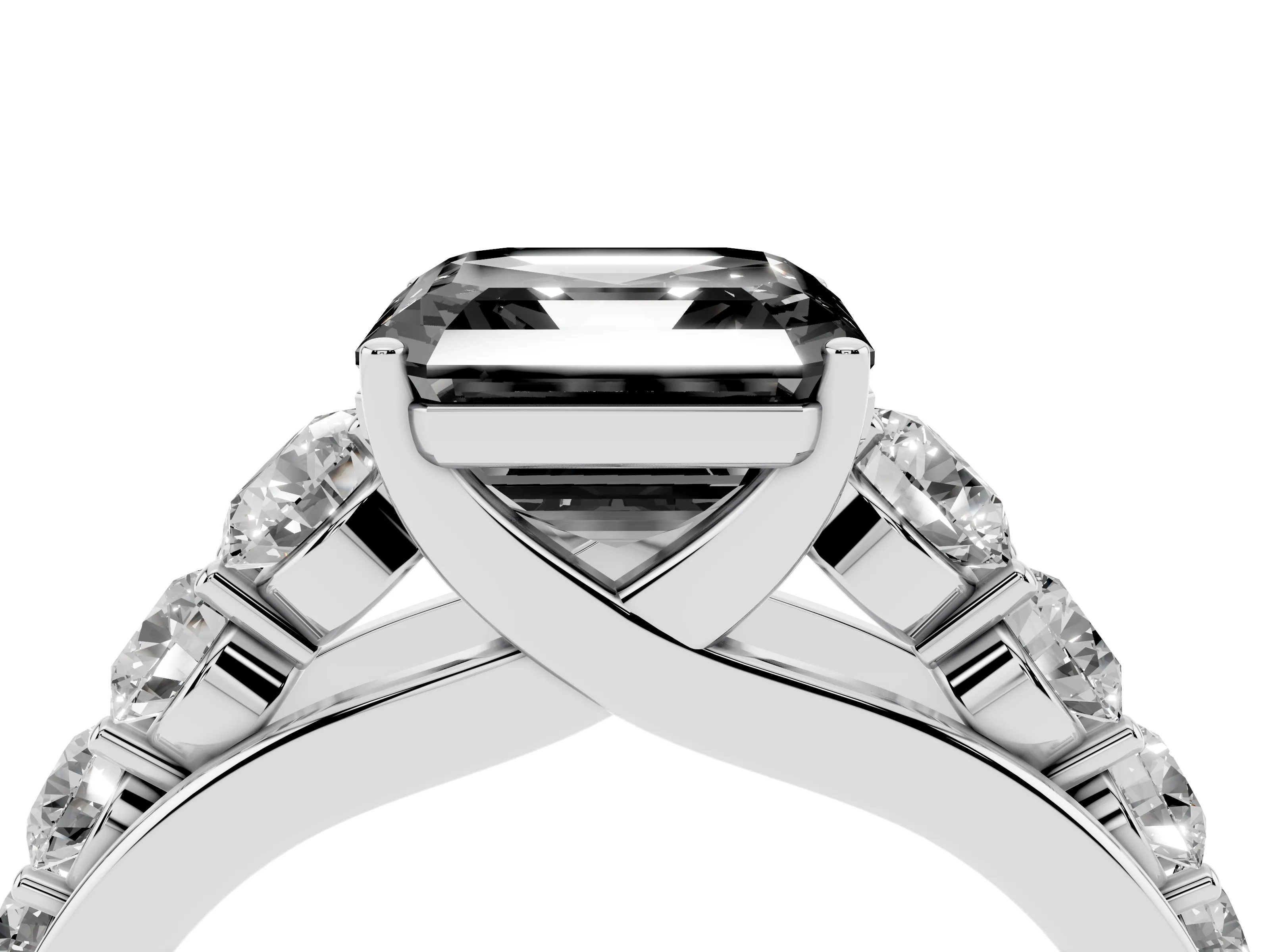 Fancy Black Asscher Cut Diamond Solitaire Ring Set in White gold with Pavé-Set Band and Prong Setting