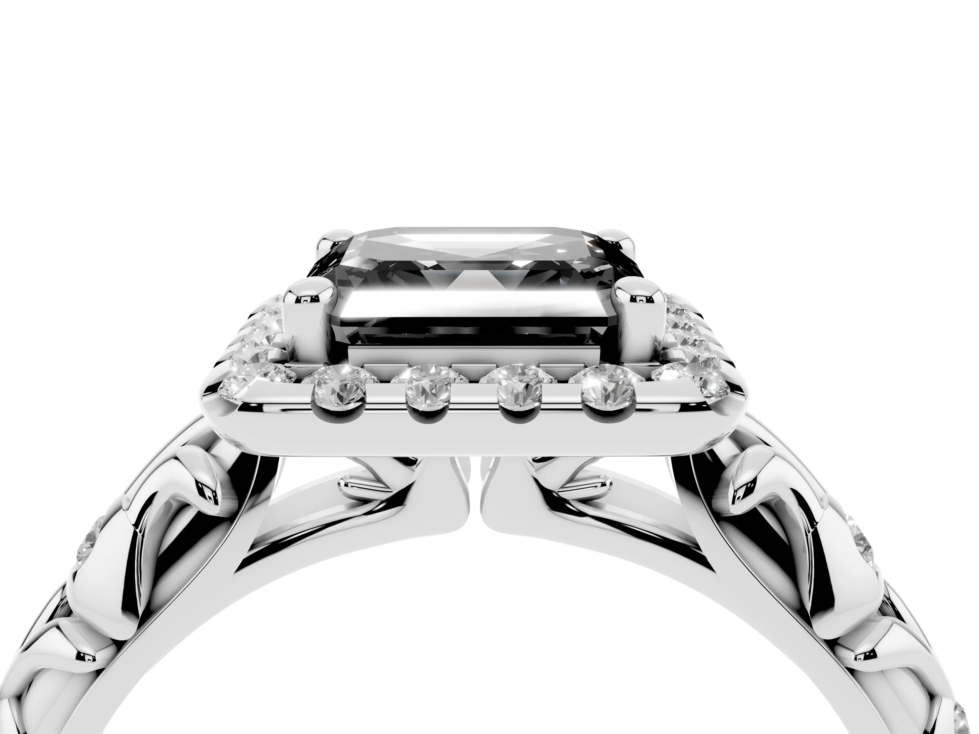 Fancy Black Asscher Cut Diamond Halo Ring Set in Silver with Filigree Leaf Band and Prong Setting