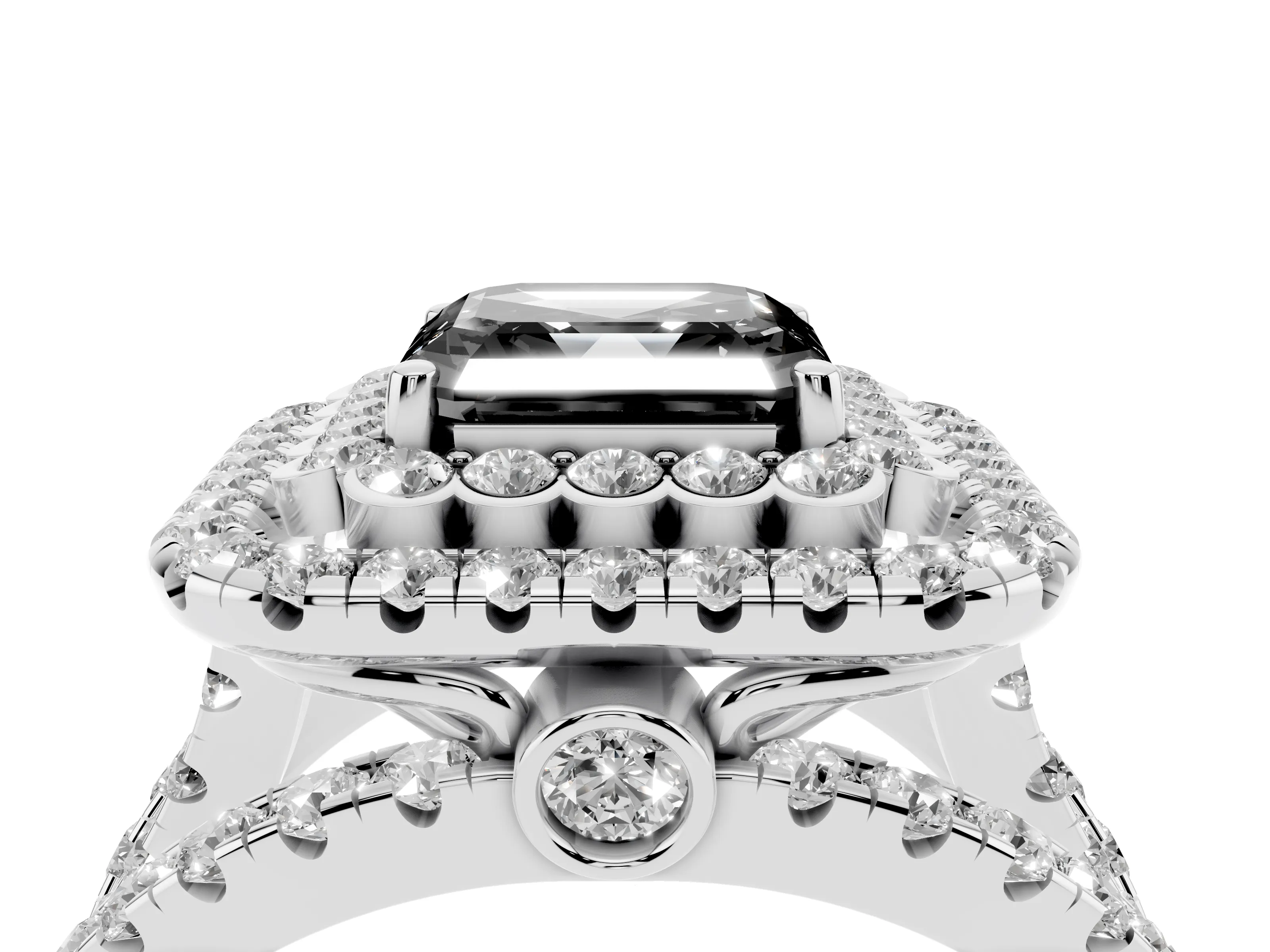 Fancy Black Asscher Cut Diamond Double Halo Ring Set in White gold with Round Pavé Split Shank