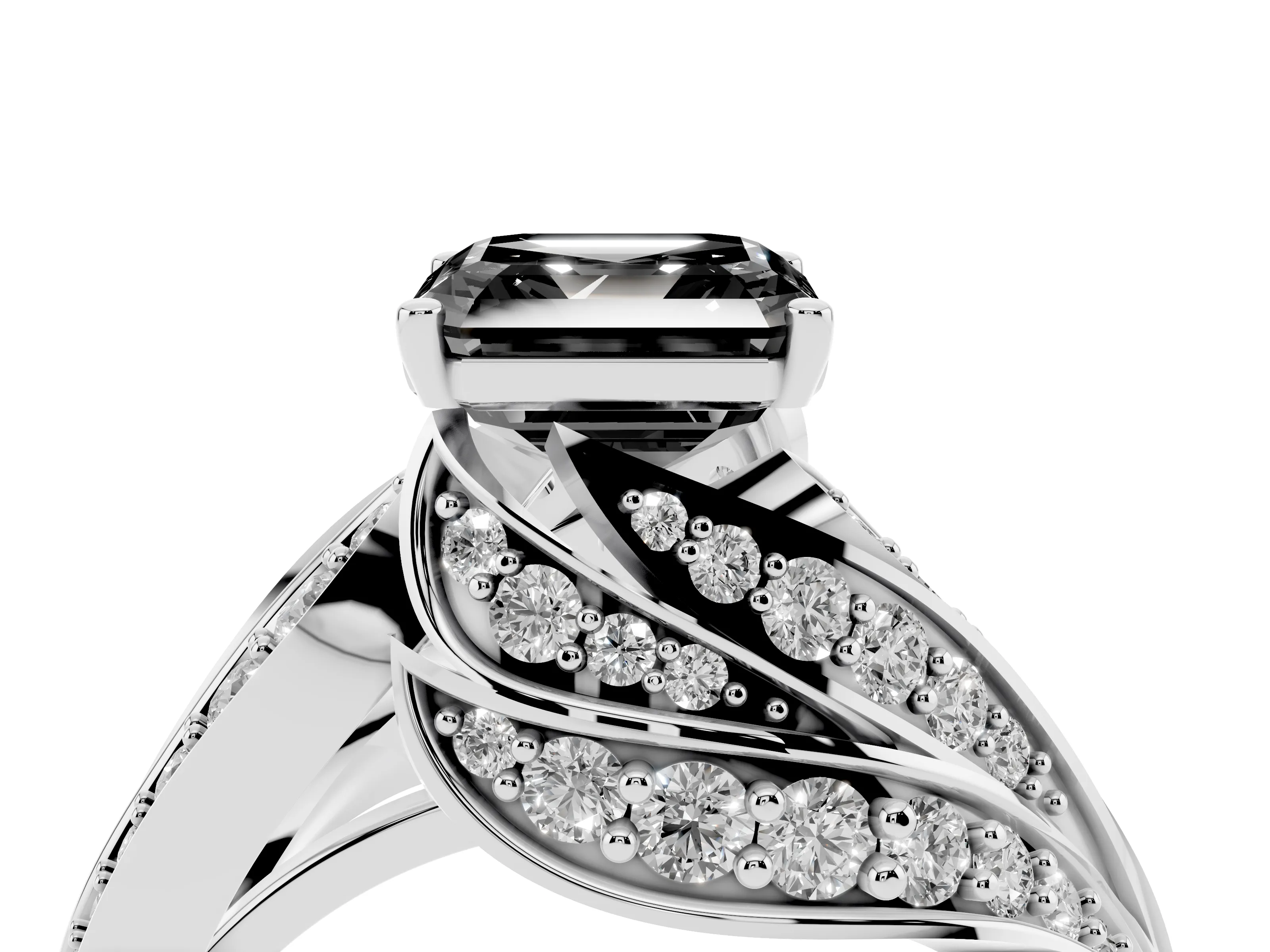 Fancy Black Asscher Cut Diamond Solitaire Ring Set in Silver with Layered Twist Pavé Band