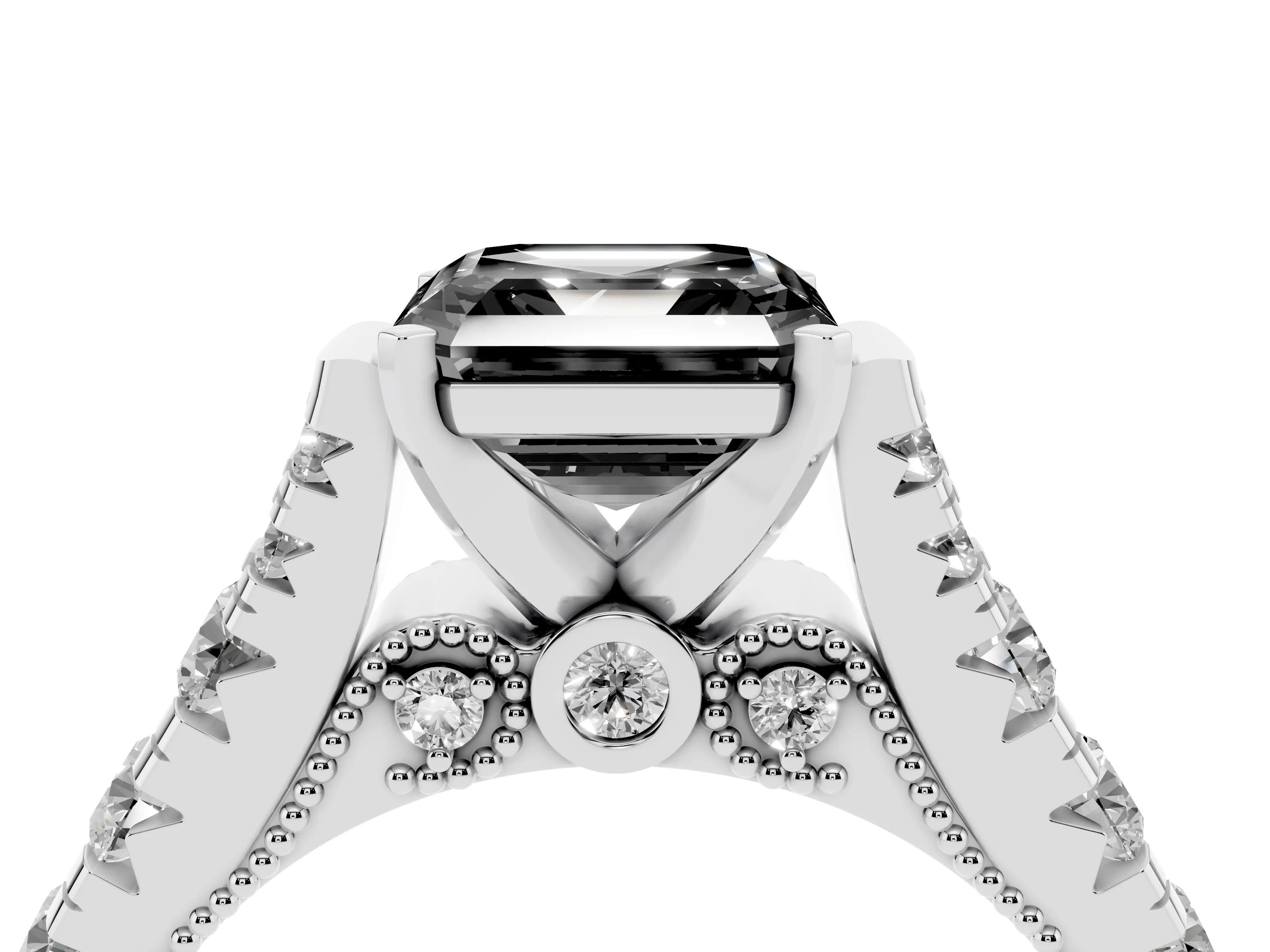 Fancy Black Asscher Cut Diamond Classic Solitaire Ring Set in Platinum with Pavé Band and Prong Setting