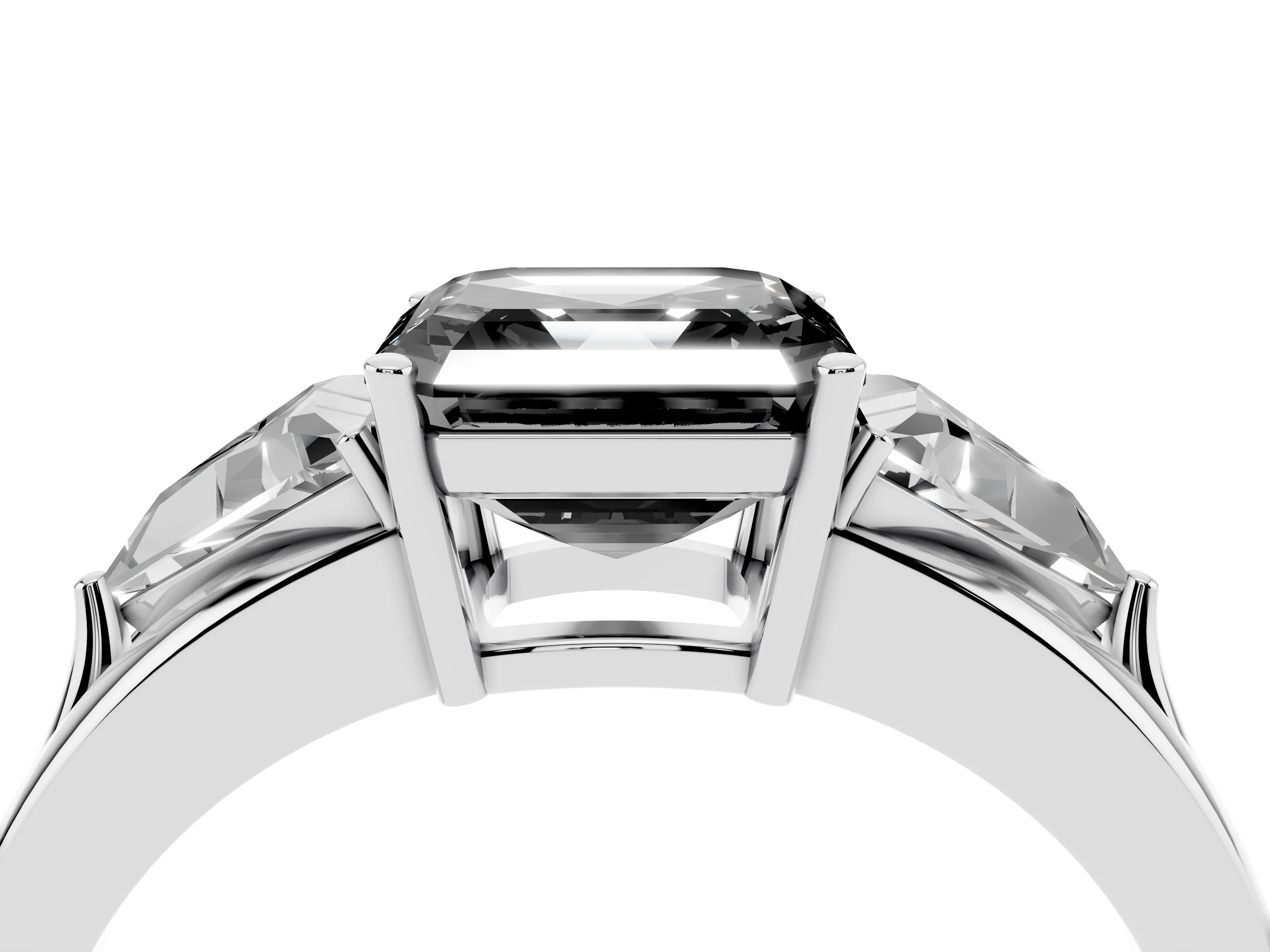 Fancy Black Asscher Cut Diamond Three-Stone Ring Set in Platinum with Trillion Side Stones and Split Shank