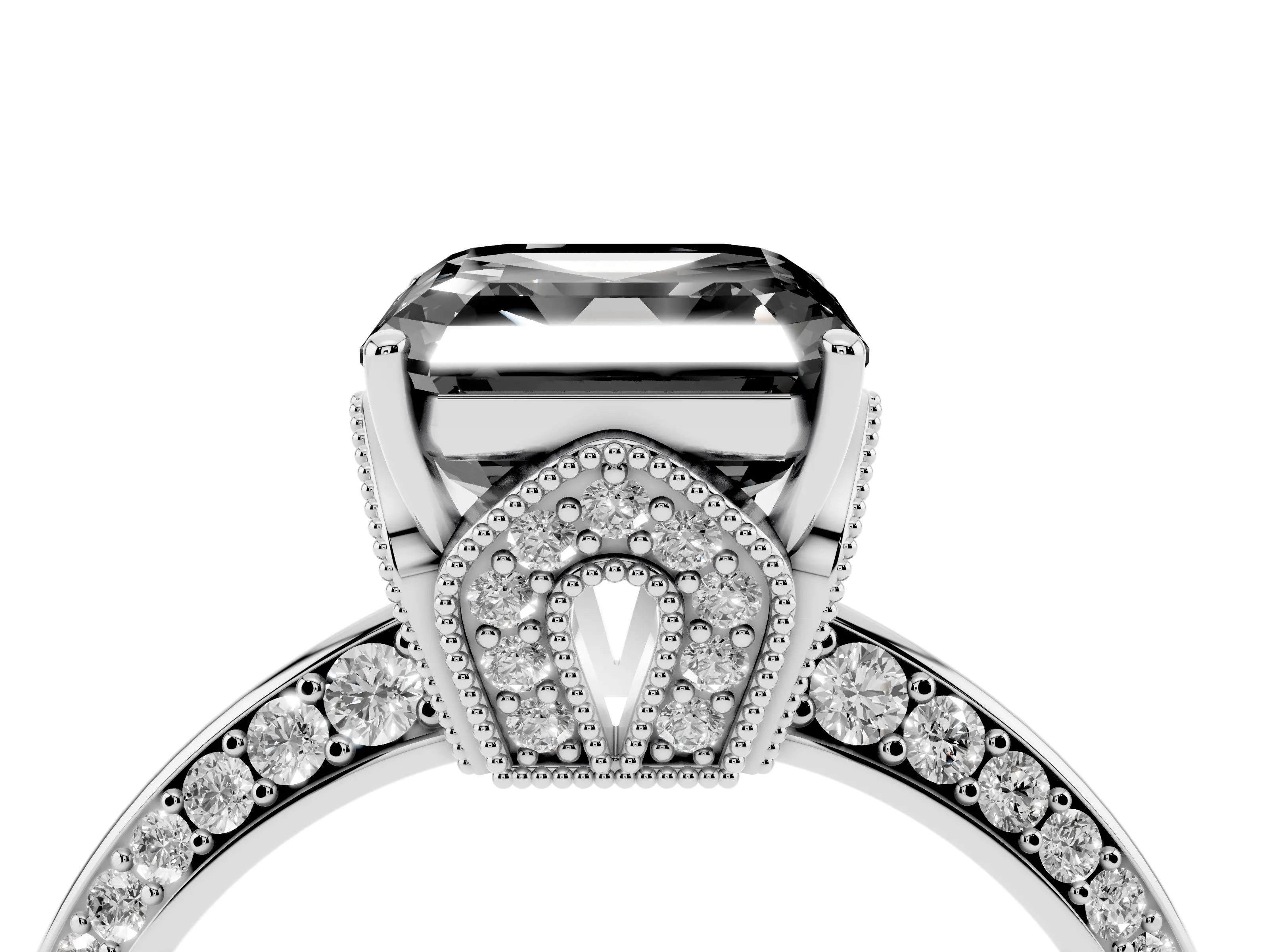 Fancy Black Asscher Cut Diamond Solitaire Engagement Ring Set in White gold with Pavé Split Shank and Prong Setting