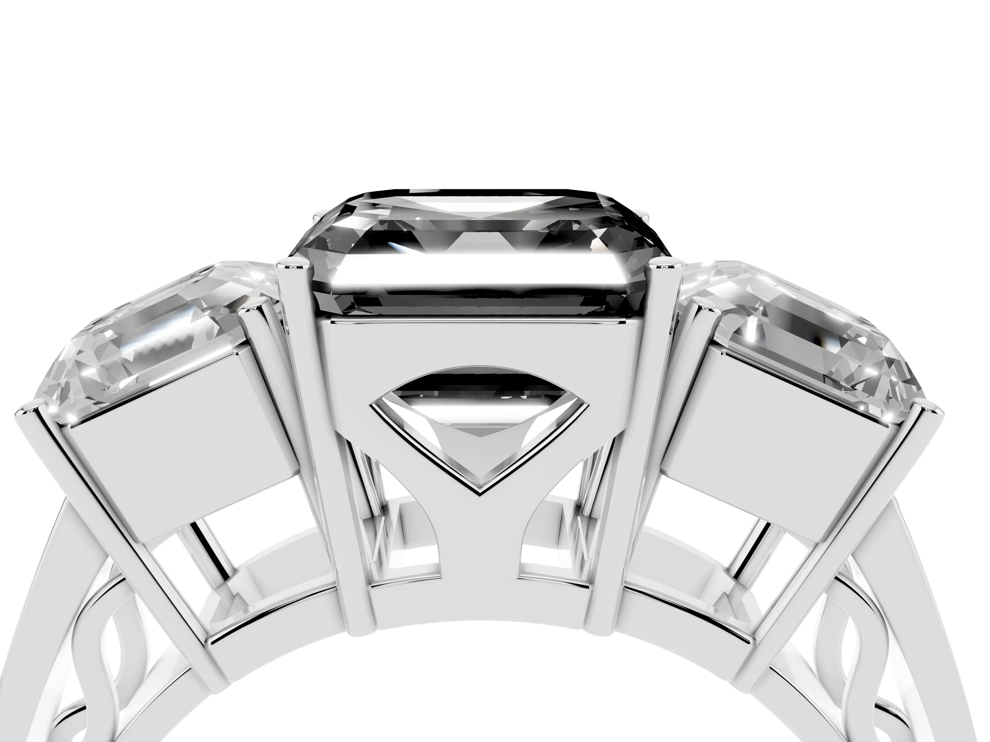 Fancy Black Asscher Cut Diamond Three-Stone Ring Set in White gold with Textured Band