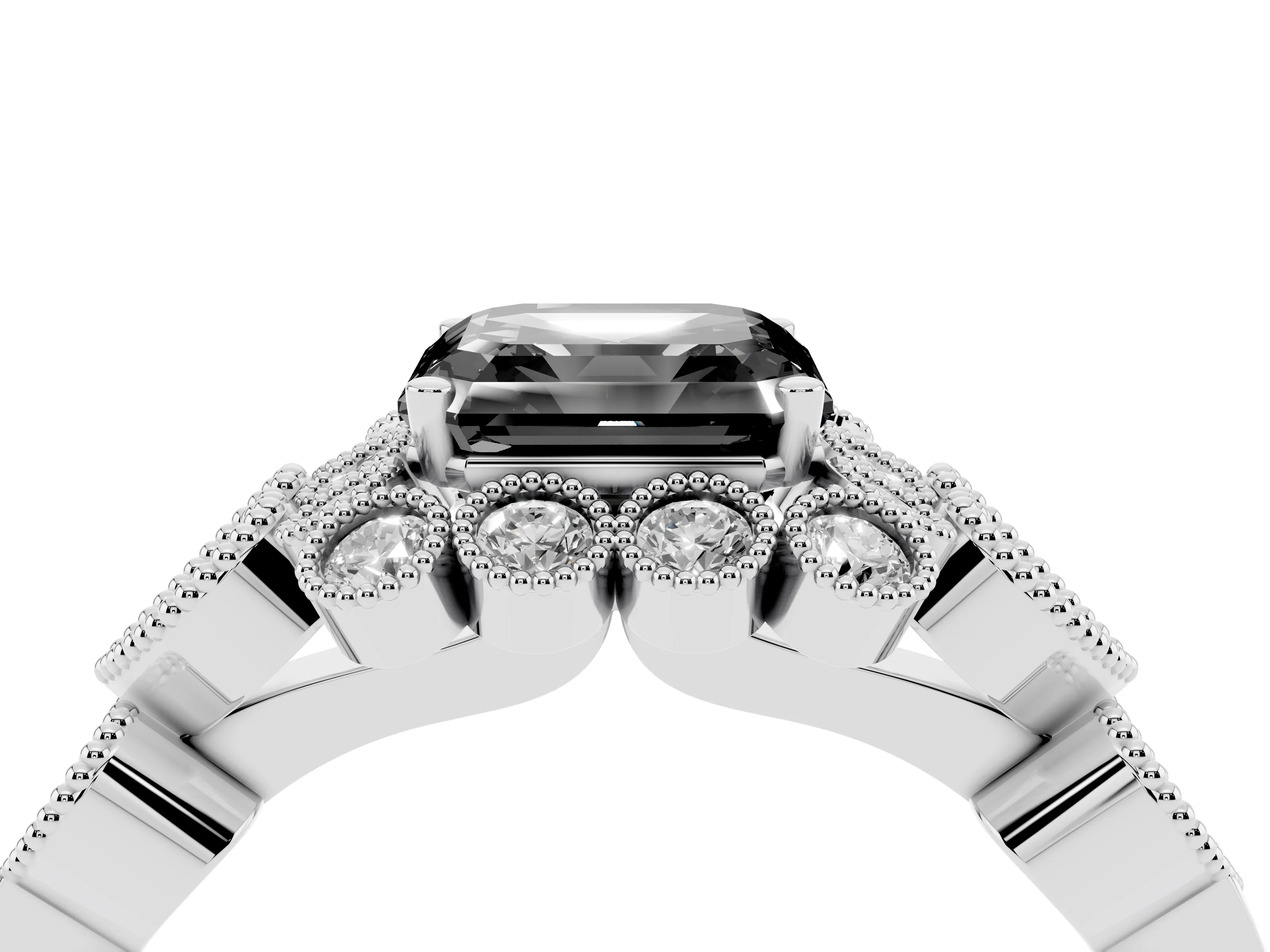 Fancy Black Asscher Cut Diamond Solitaire Ring Set in Platinum with Milgrain Pavé Heart Band