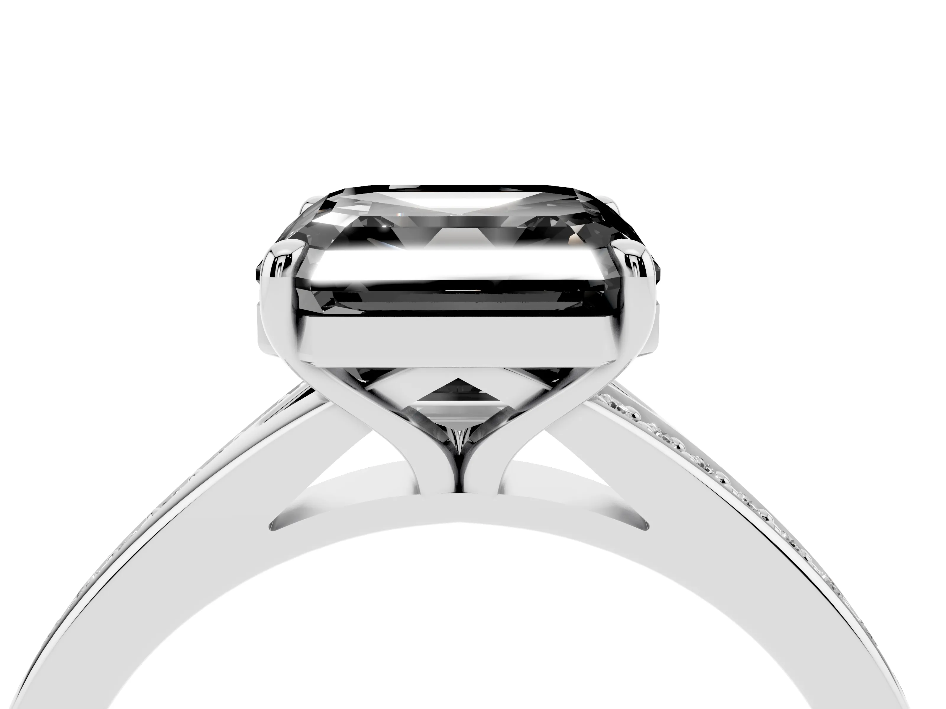 Fancy Black Asscher Cut Diamond Solitaire Ring Set in White gold with Pavé Accent Band and Classic Prong Setting