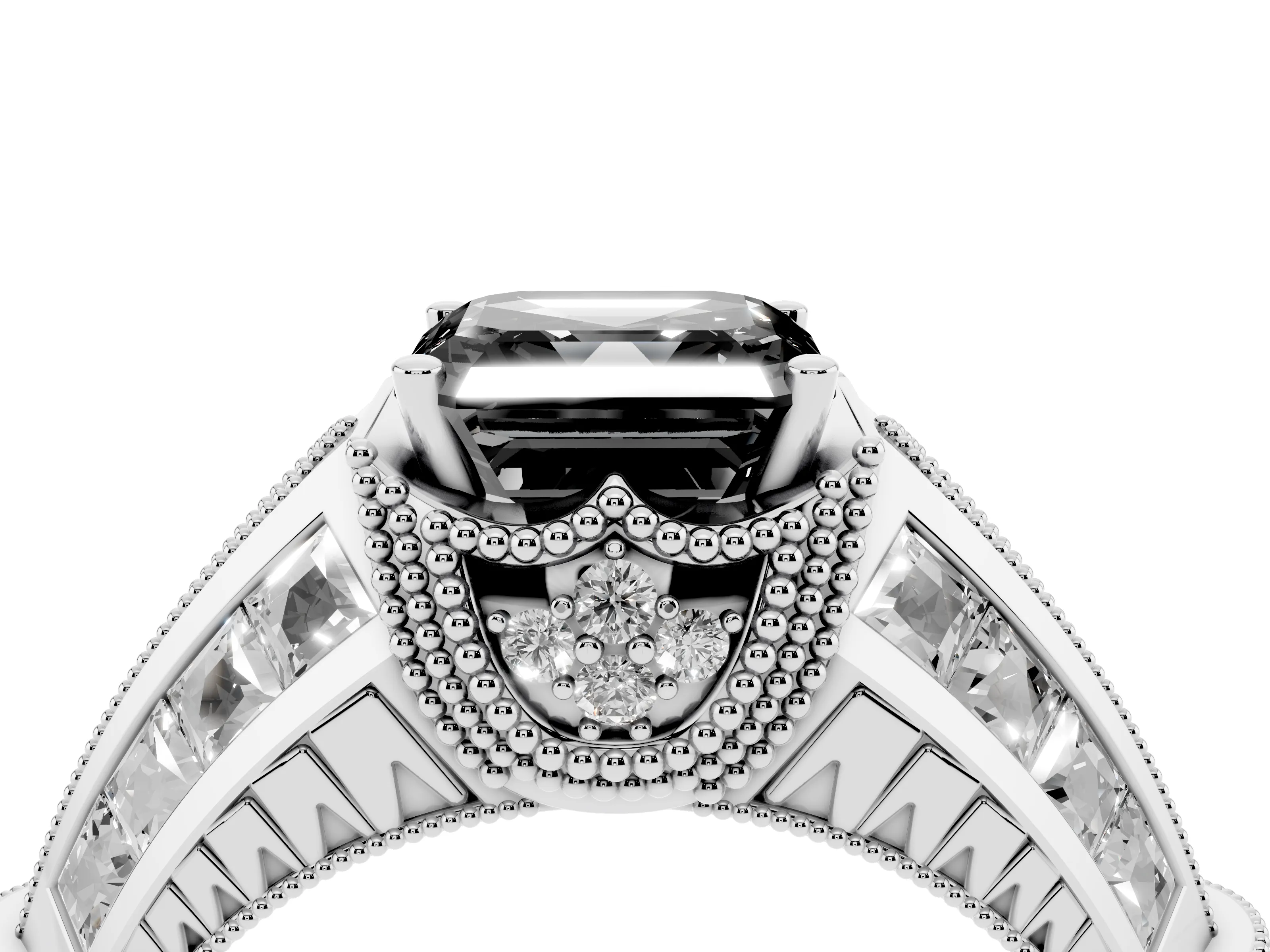 Fancy Black Asscher Cut Diamond Vintage-Inspired Milgrain Ring Set in Platinum with Accent Split Shank
