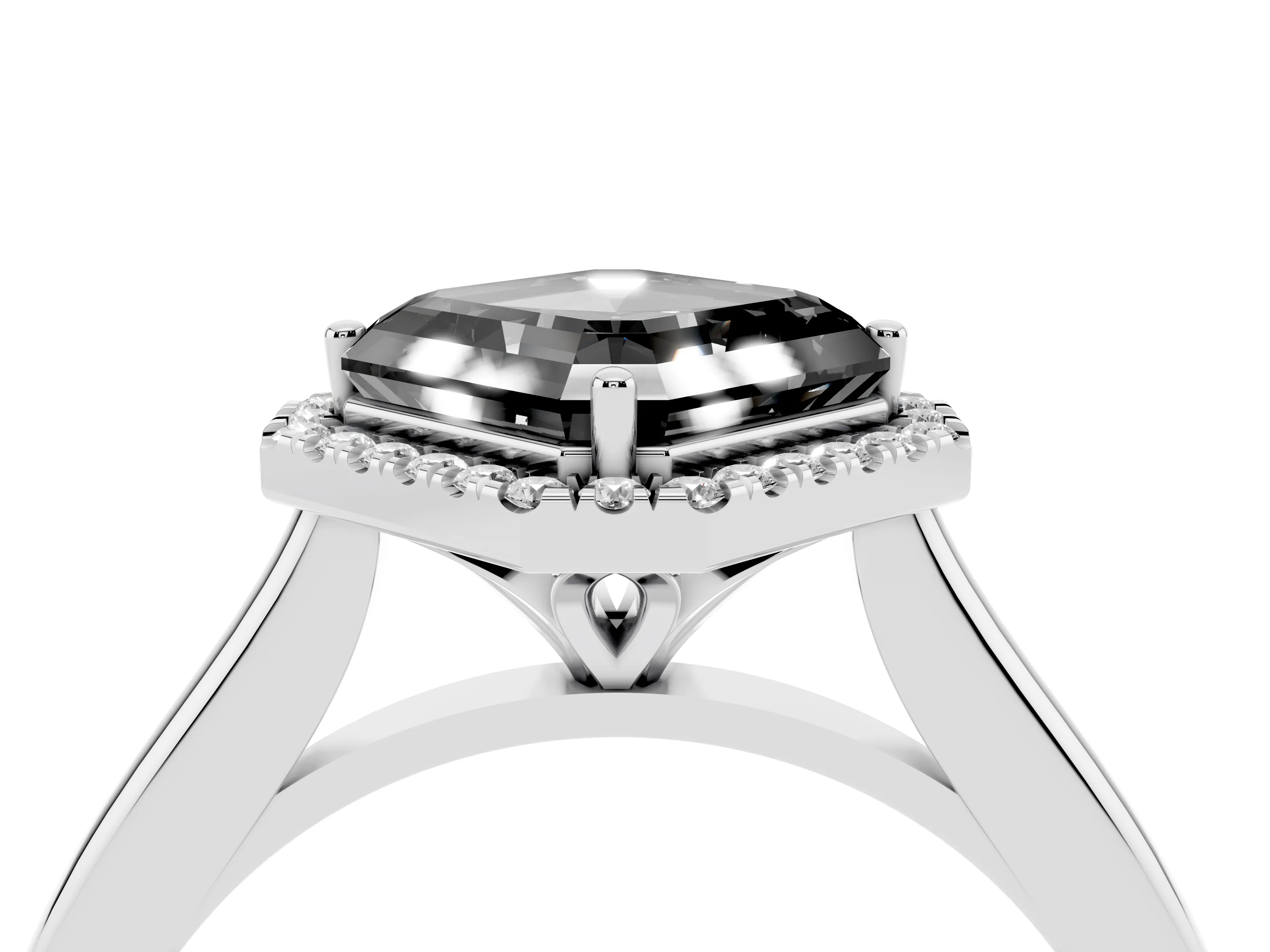 Fancy Black Asscher Cut Diamond Halo Engagement Ring Set in White gold with Pavé Band and Rising Shoulders