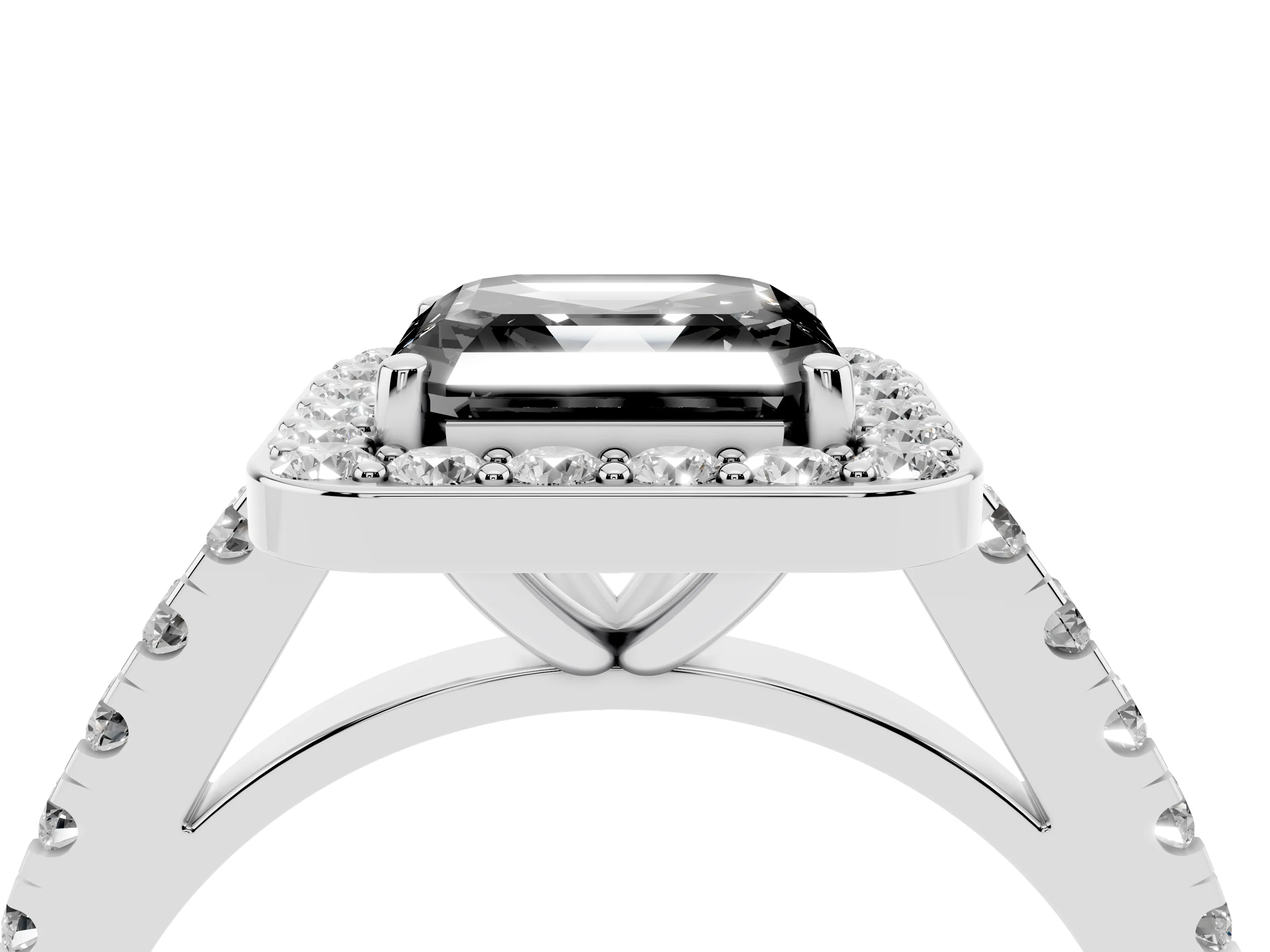 Fancy Black Asscher Cut Diamond Halo Ring Set in Silver with Round Pavé Split Shank and Prong Setting