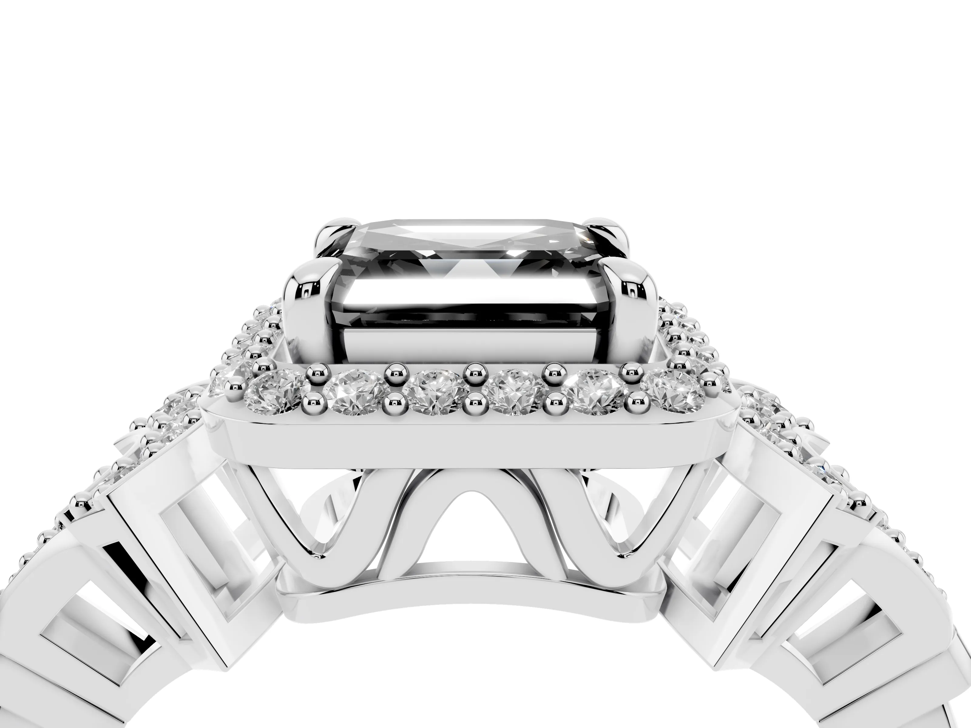 Fancy Black Asscher Cut Diamond Halo Engagement Ring Set in White gold with Accent Stone Split Shank