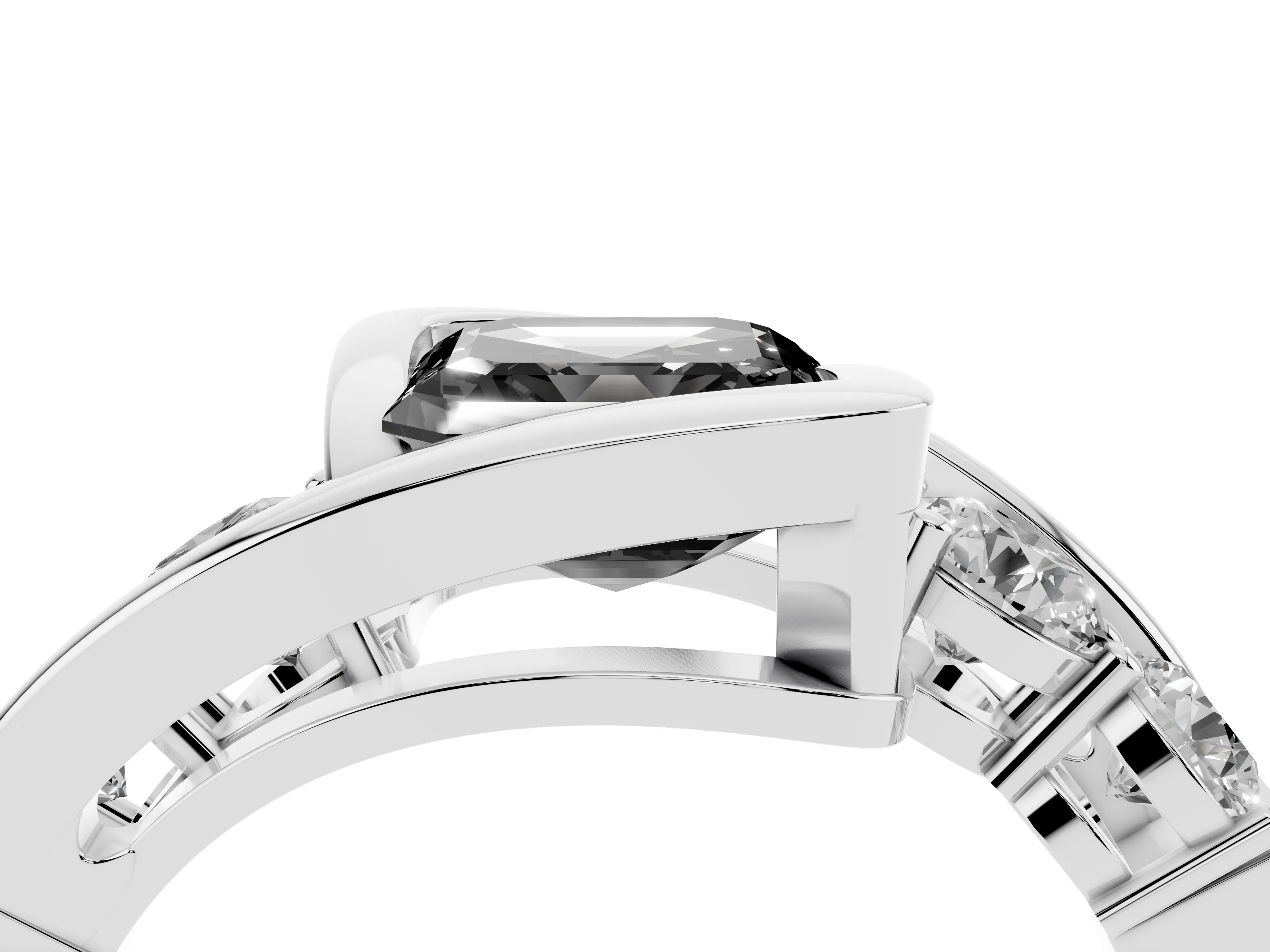 Fancy Black Asscher Cut Diamond Bezel Bypass Ring Set in Silver with Round Accents