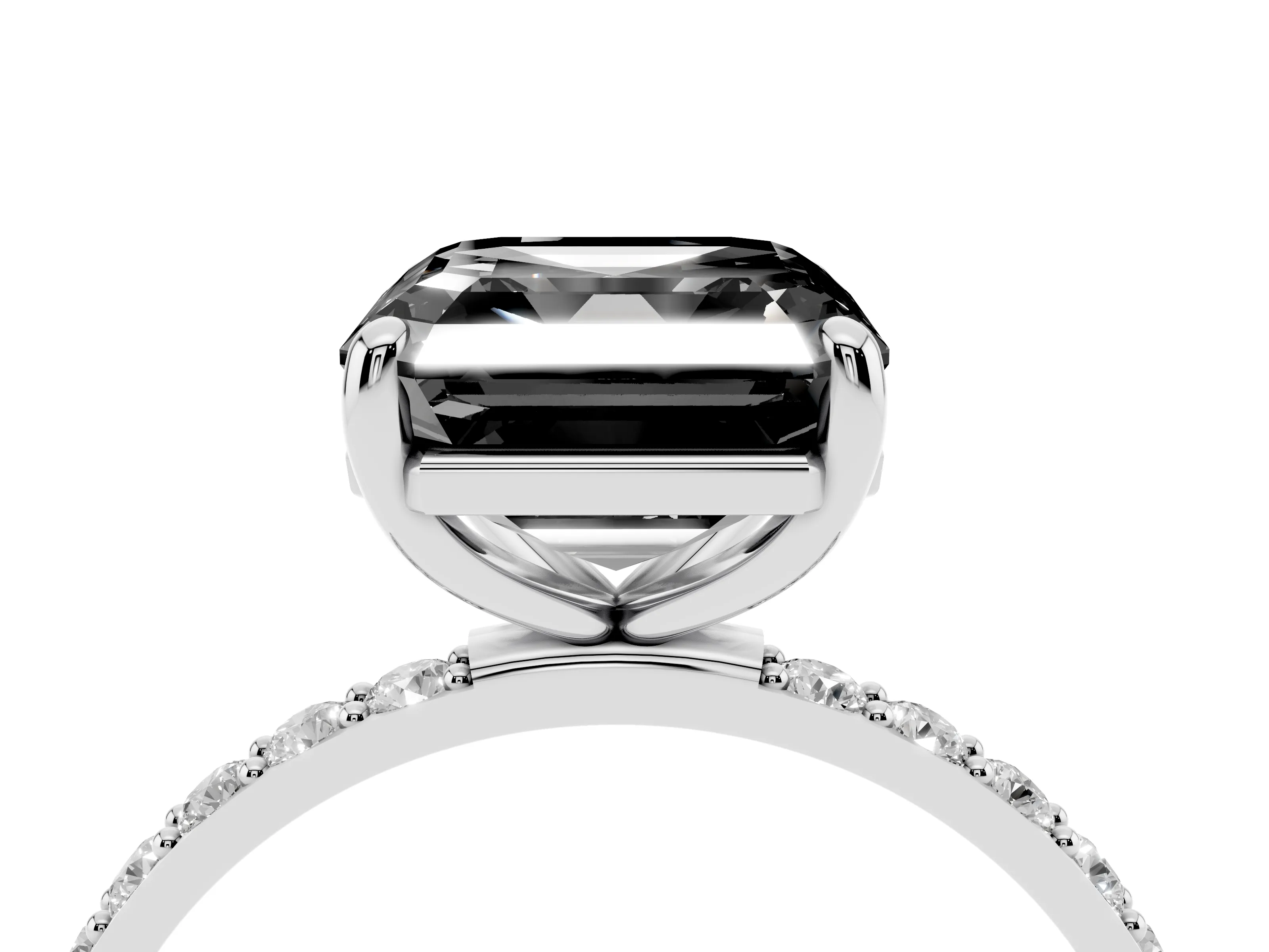 Fancy Black Asscher Cut Diamond Solitaire Ring Set in Platinum with Round Pavé Band and Prong Setting