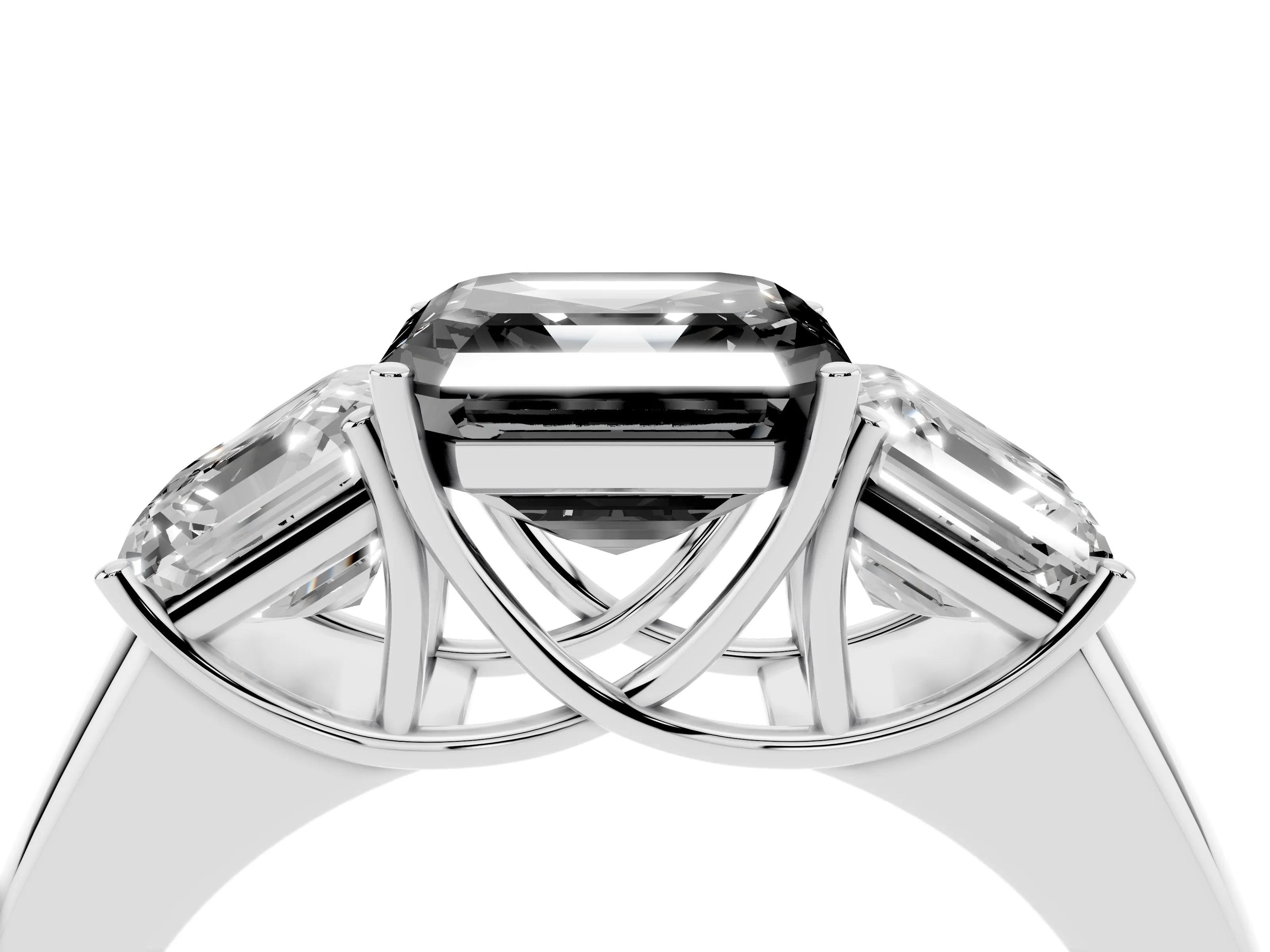 Fancy Black Three-Stone Asscher Cut Diamond Ring Set in Silver with Matching Prong Settings and Plain Band