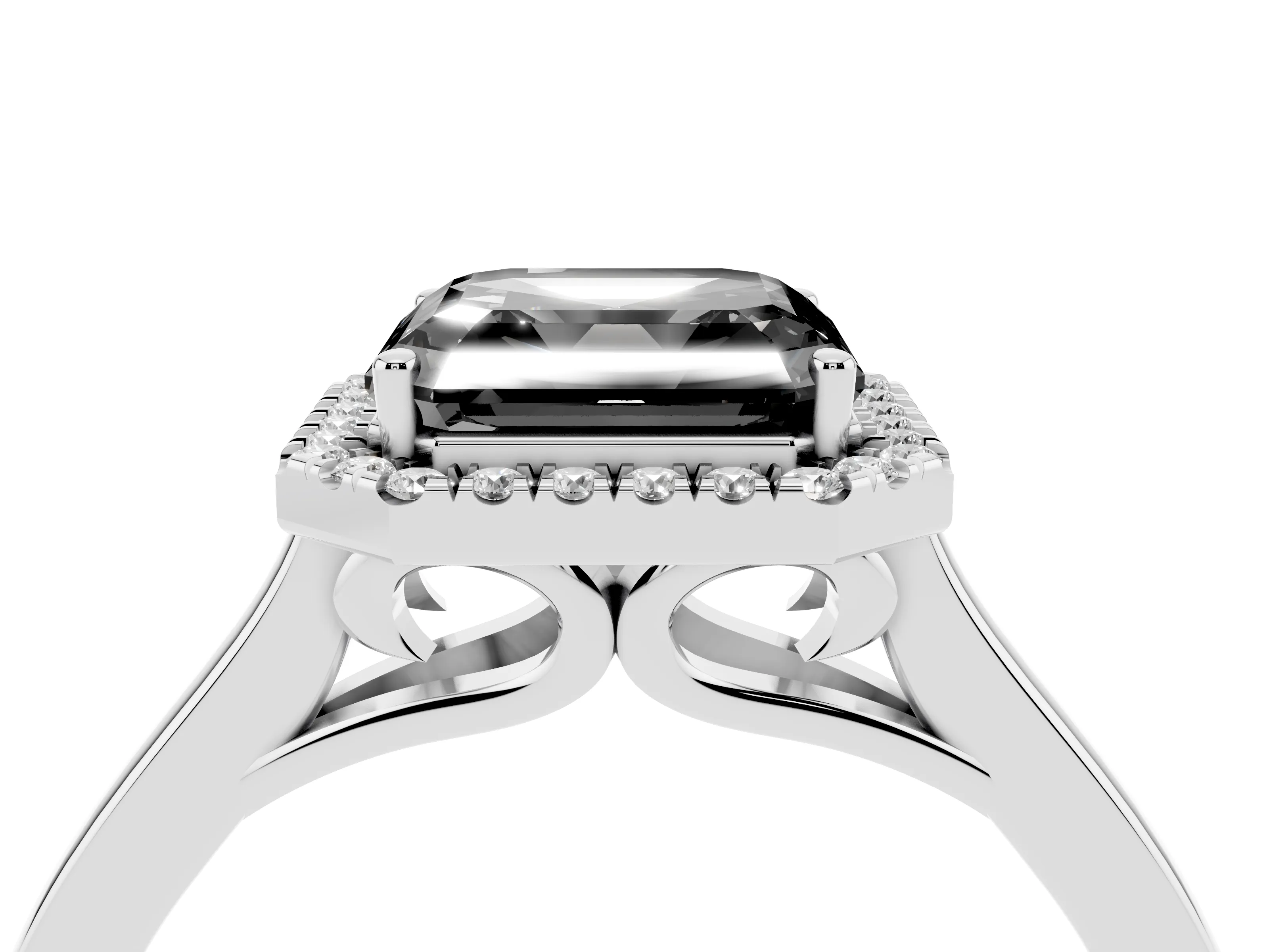 Fancy Black Asscher Cut Halo Round Diamond Solitaire Ring Set in Platinum with Pavé Band and Prong Setting