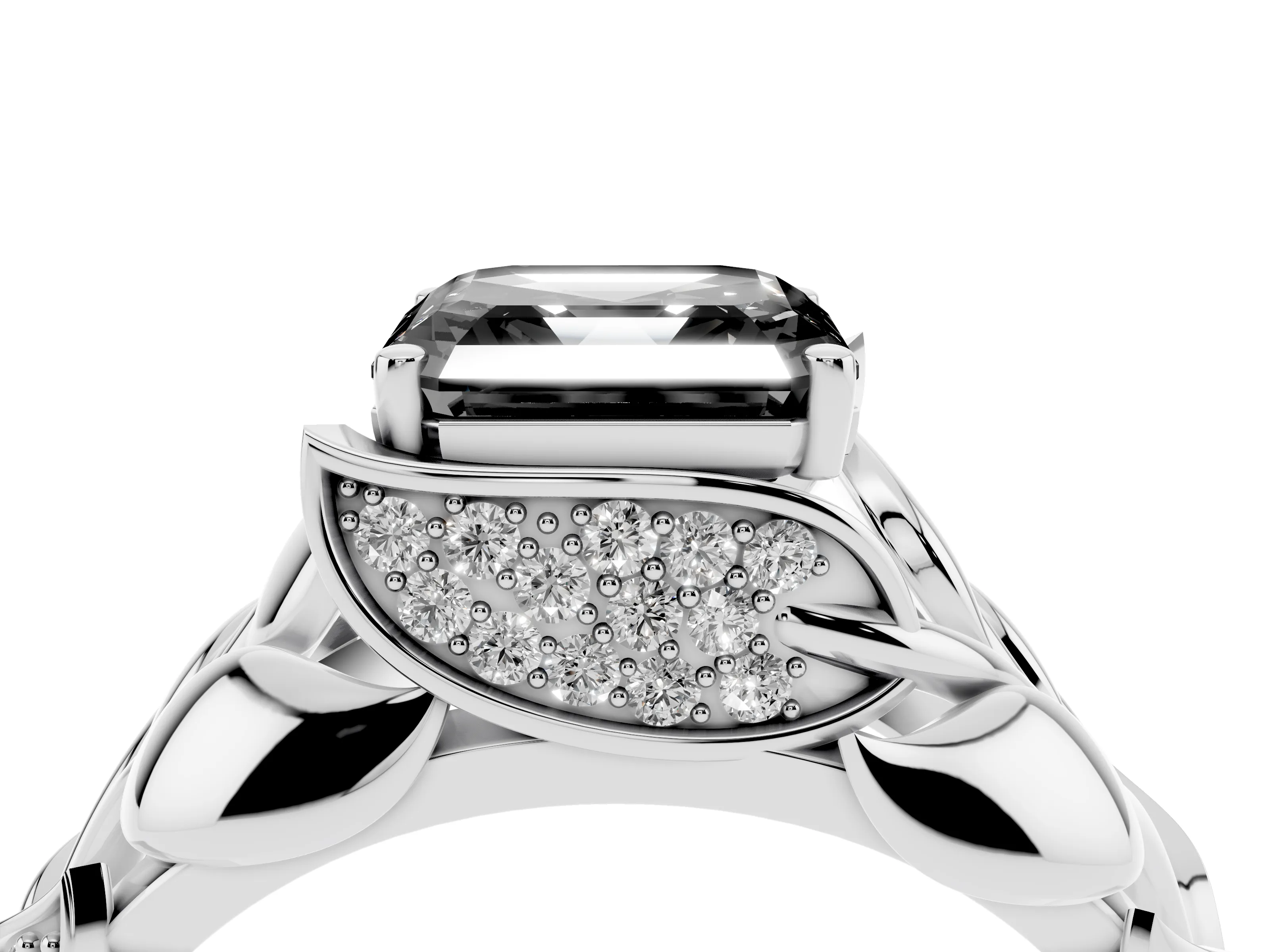 Fancy Black Asscher Cut Diamond Leaf-Inspired Engagement Ring Set in Silver with Round Accents
