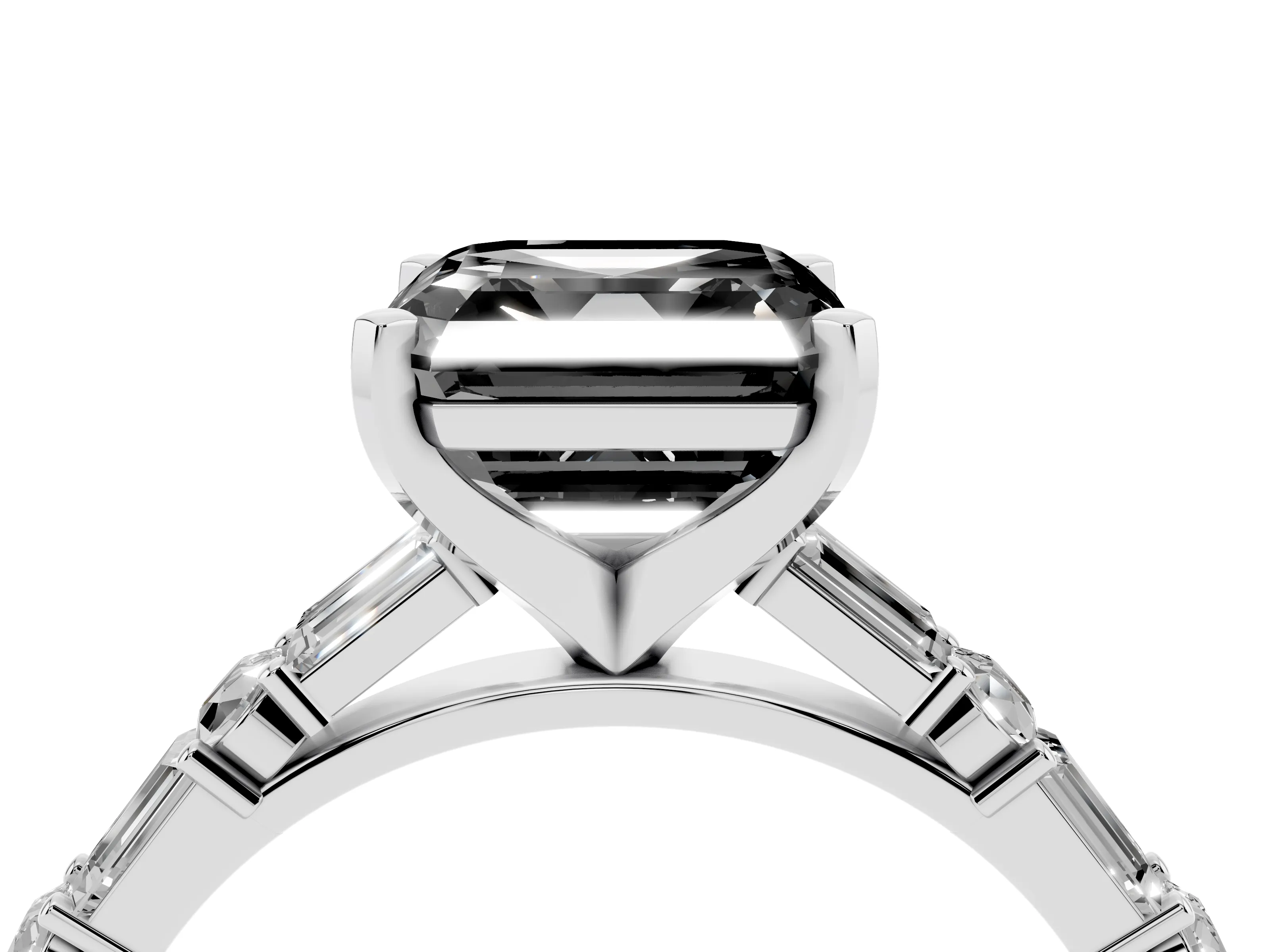 Fancy Black Asscher Cut Diamond Solitaire Set in Silver with Side Baguettes and Channel Set Band