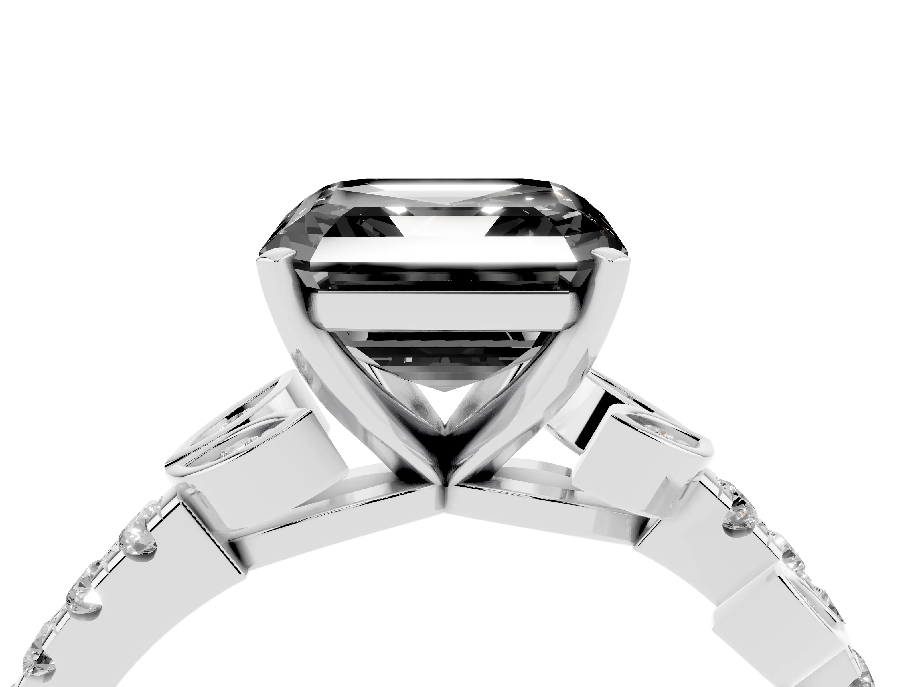 Fancy Black Asscher Cut Diamond Solitaire Leaf-Inspired Ring Set in White gold with Pavé Band and Prong Setting
