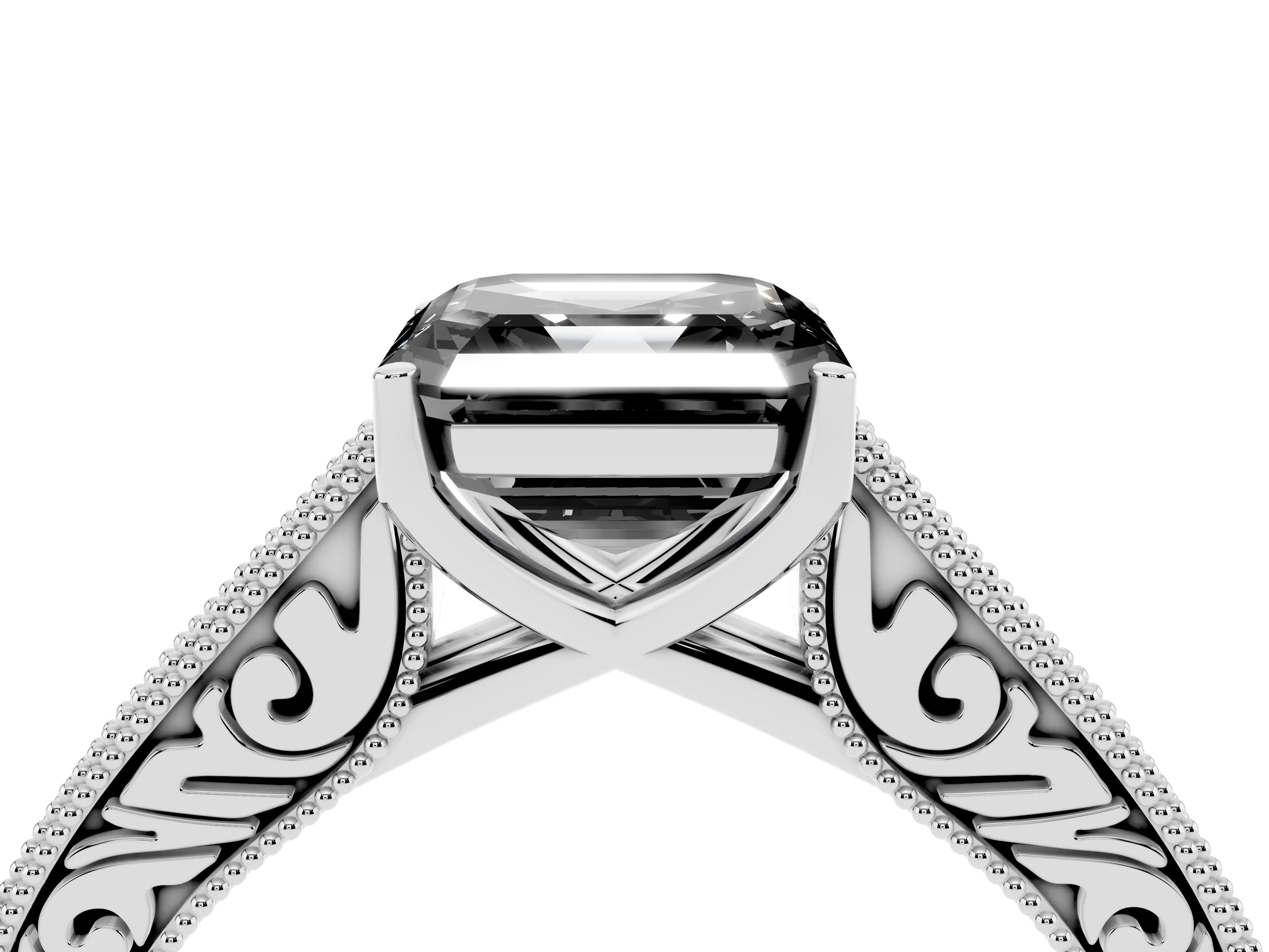 Fancy Black Asscher Cut Diamond Milgrain Pavé Band Solitaire Ring Set in Platinum with Prong Setting