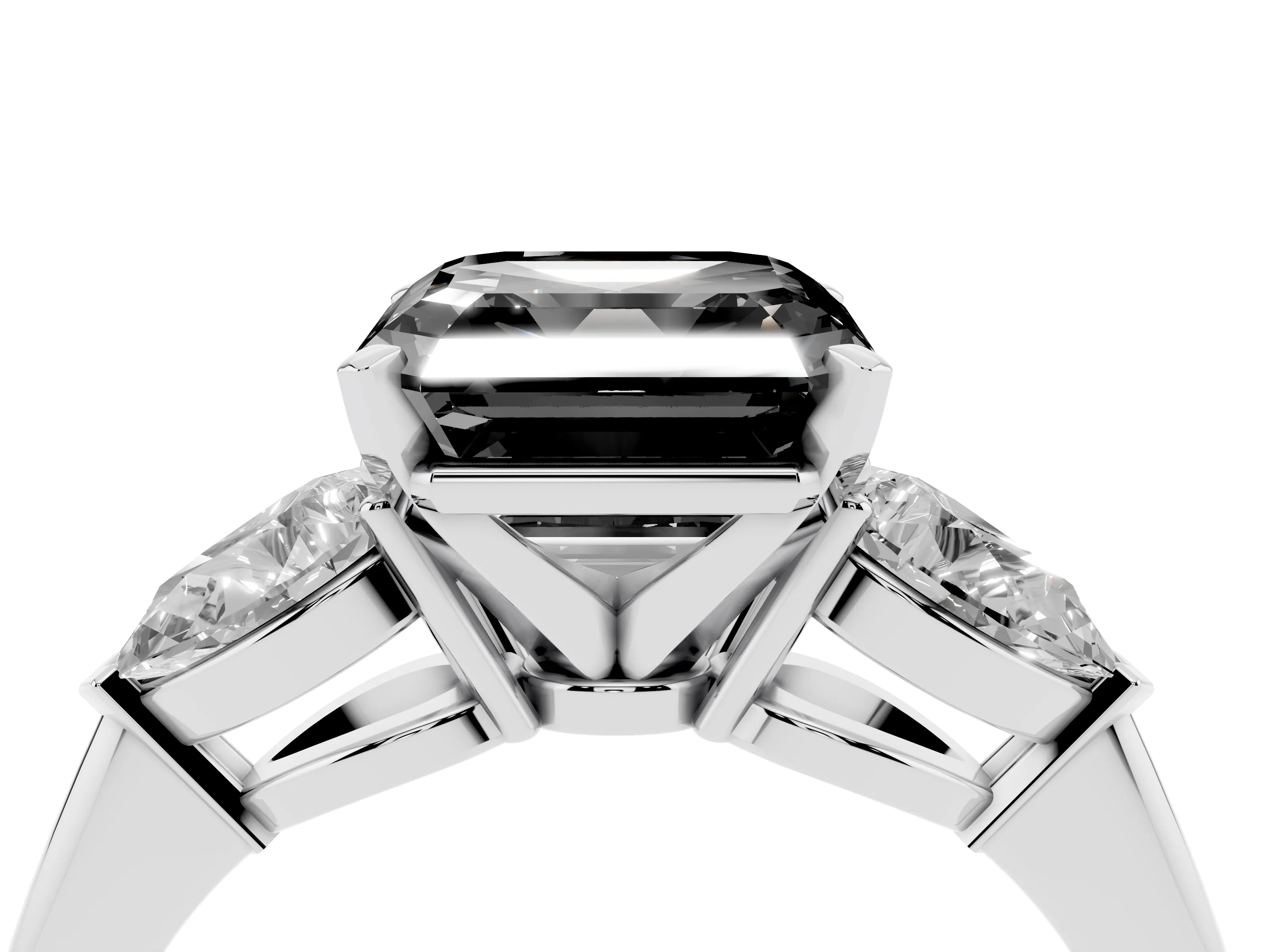 Fancy Black Three-Stone Asscher Cut Diamond Ring Set in Platinum with Pear Side Stones and Prong Setting
