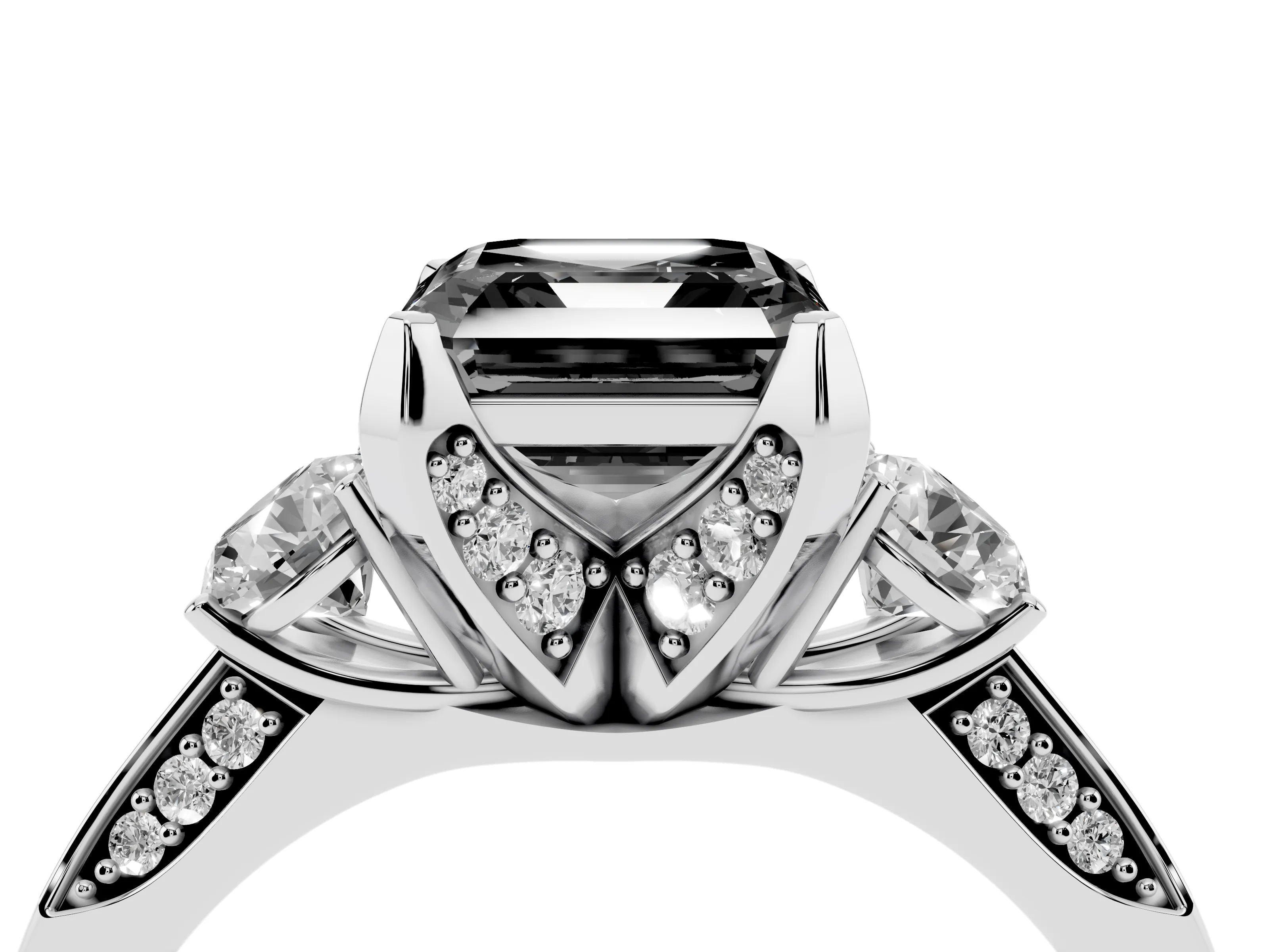 Fancy Black Asscher Cut Diamond Three-Stone Ring Set in Silver with Pavé Band and Smaller Side Stones