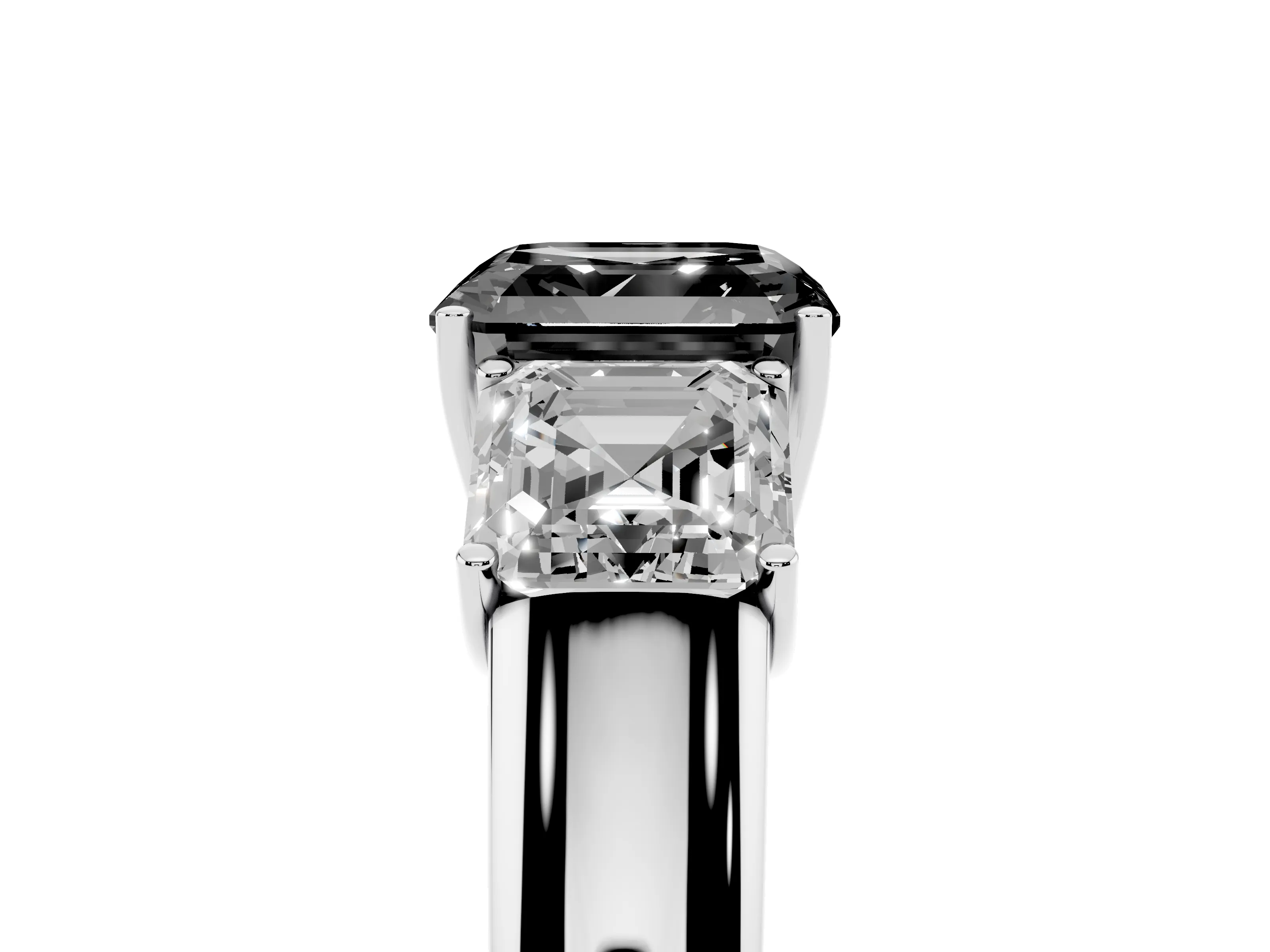 Fancy Black Three-Stone Asscher Cut Diamond Ring Set in Silver with Matching Prong Settings and Plain Band