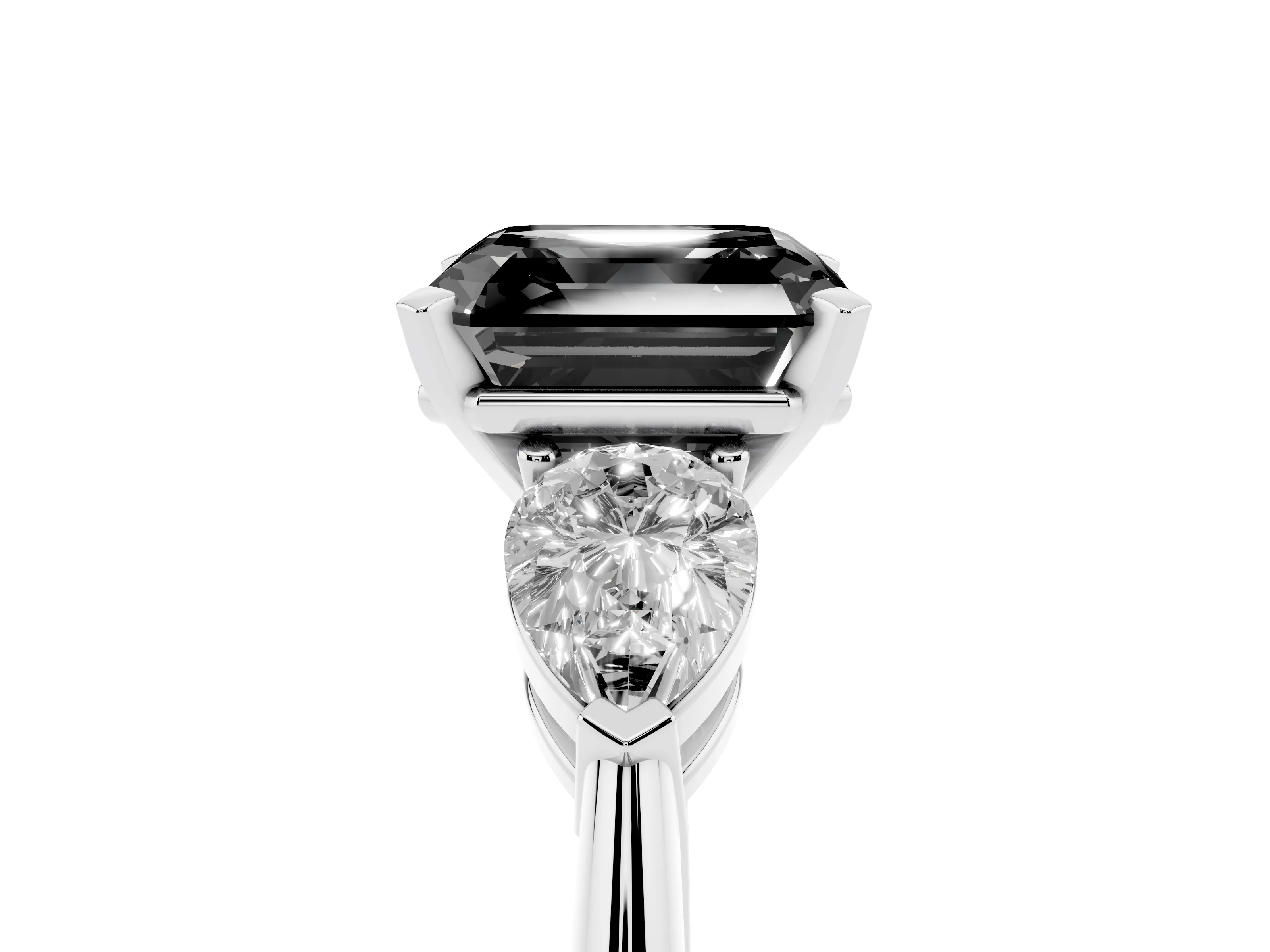 Fancy Black Three-Stone Asscher Cut Diamond Ring Set in Platinum with Pear Side Stones and Prong Setting