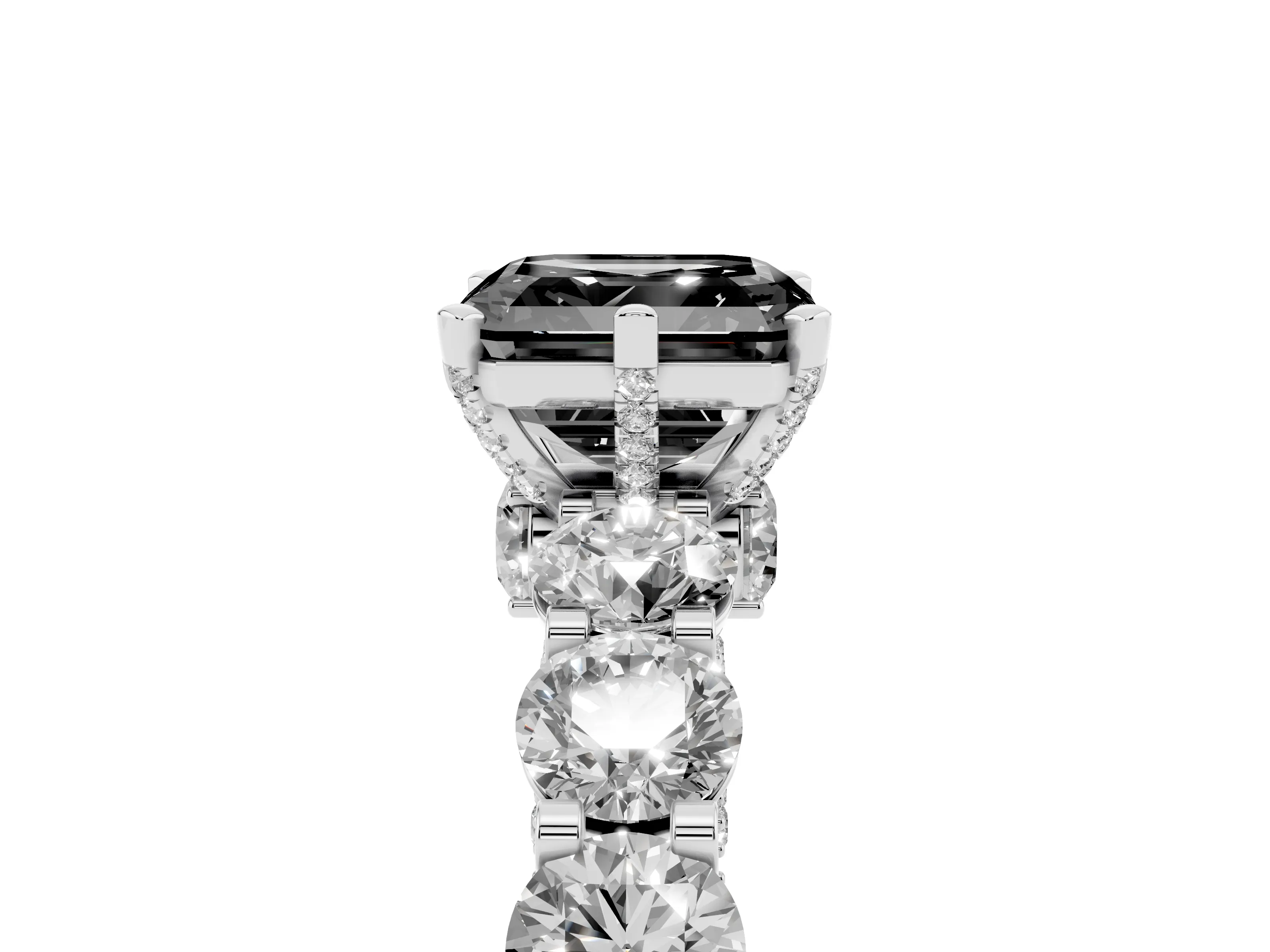 Fancy Black Asscher Cut Diamond Side Stone Ring Set in Silver with Alternating Round and Oval Side Stones