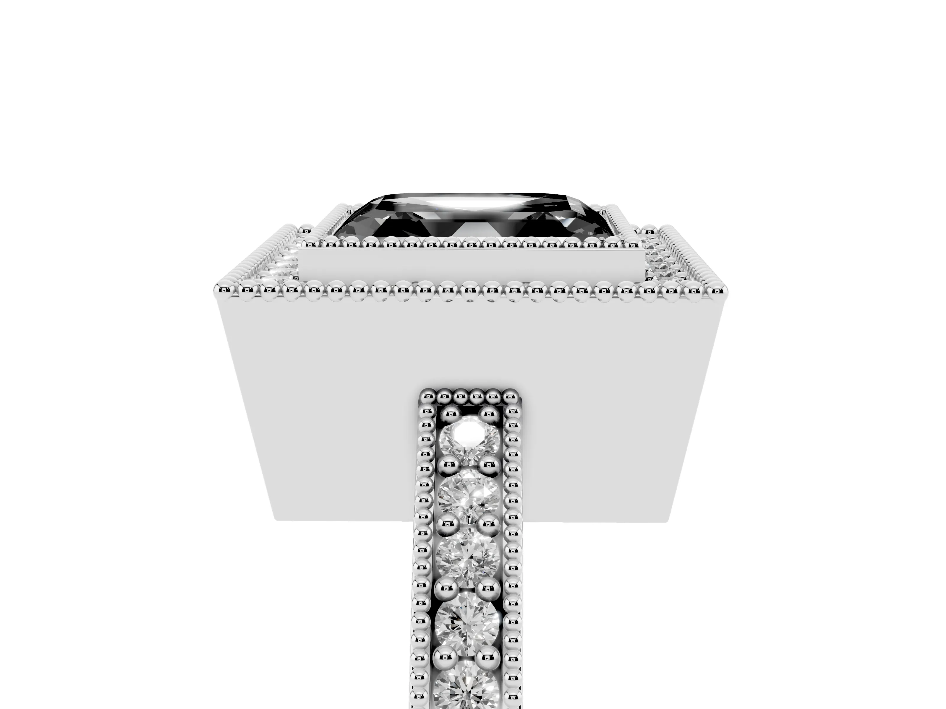 Fancy Black Asscher Cut Diamond Halo Engagement Ring Set in Platinum with Pavé Band and Round Halo Stones