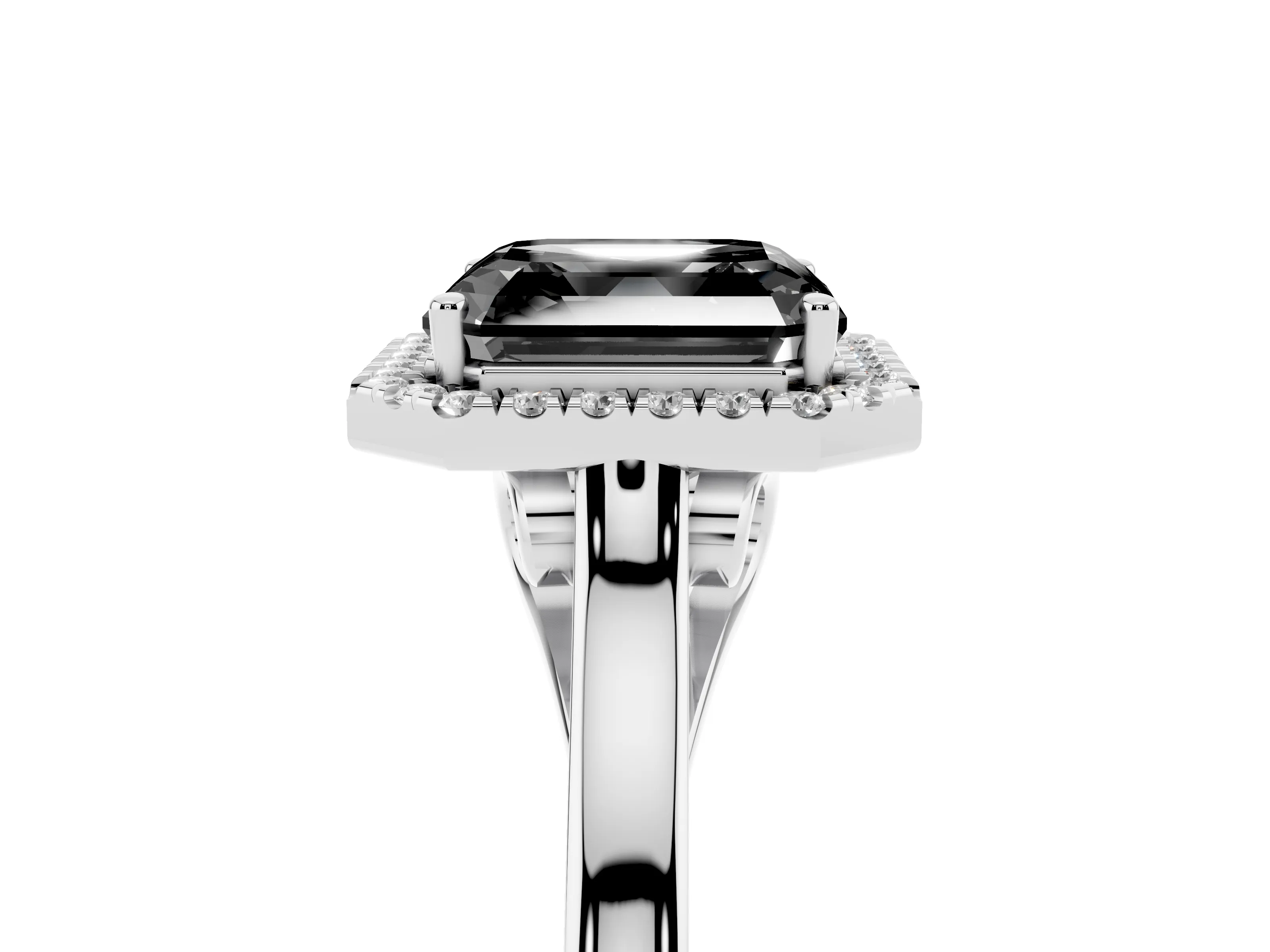 Fancy Black Asscher Cut Halo Round Diamond Solitaire Ring Set in Platinum with Pavé Band and Prong Setting