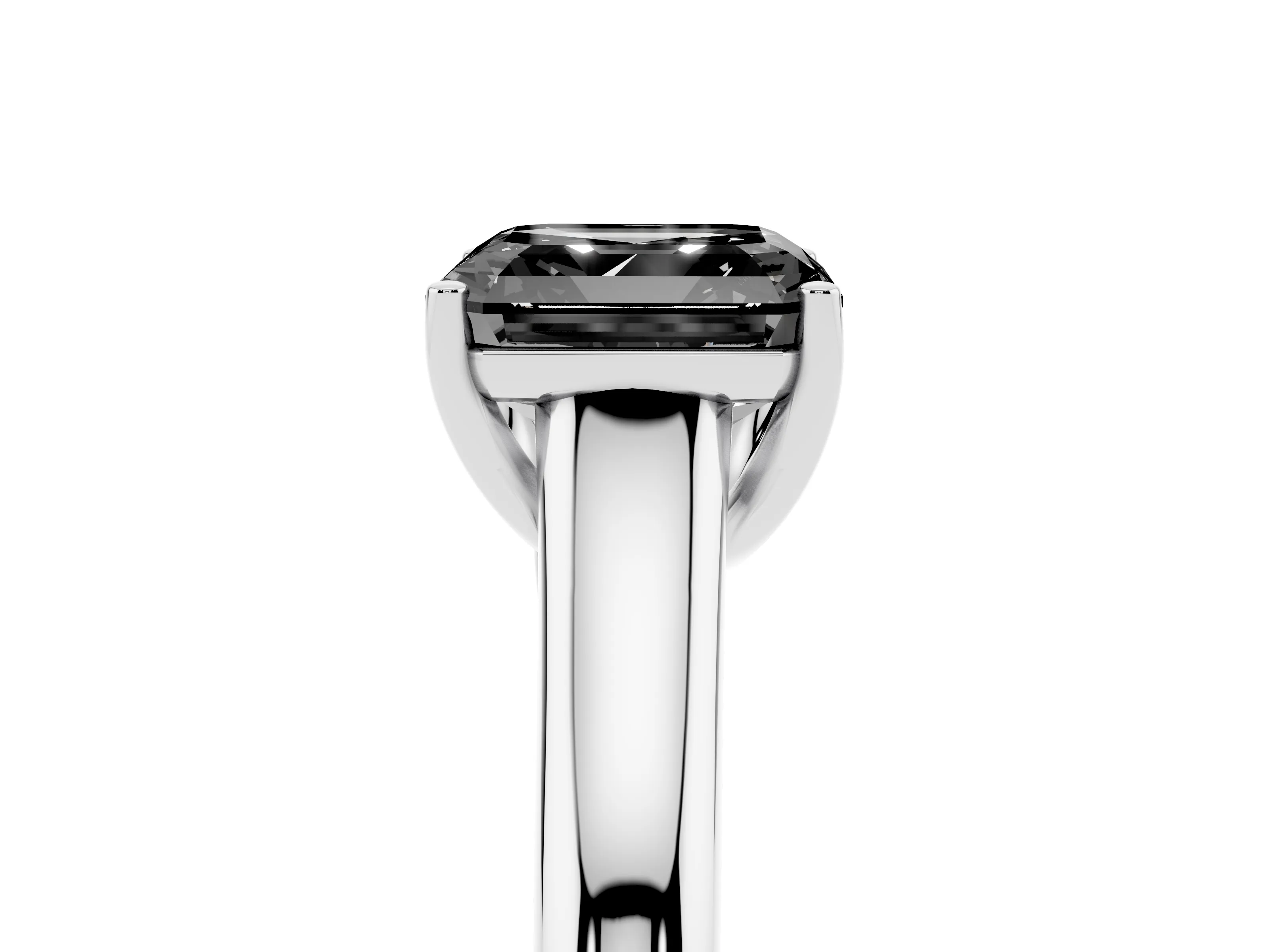 Fancy Black Asscher Cut Diamond Solitaire Engagement Ring Set in Platinum with Subtly Tapered Band and Prong Setting
