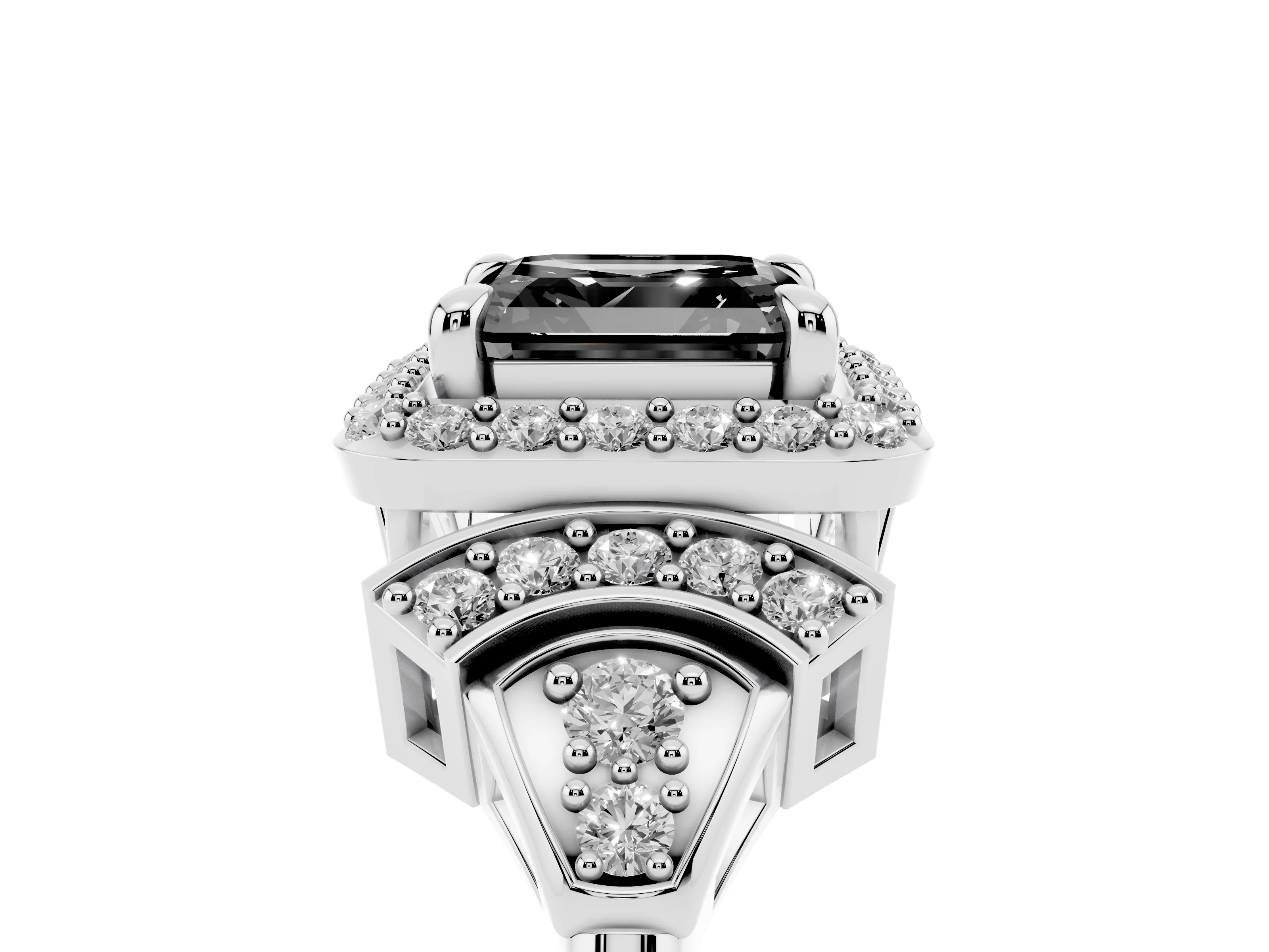 Fancy Black Asscher Cut Diamond Halo Engagement Ring Set in White gold with Accent Stone Split Shank