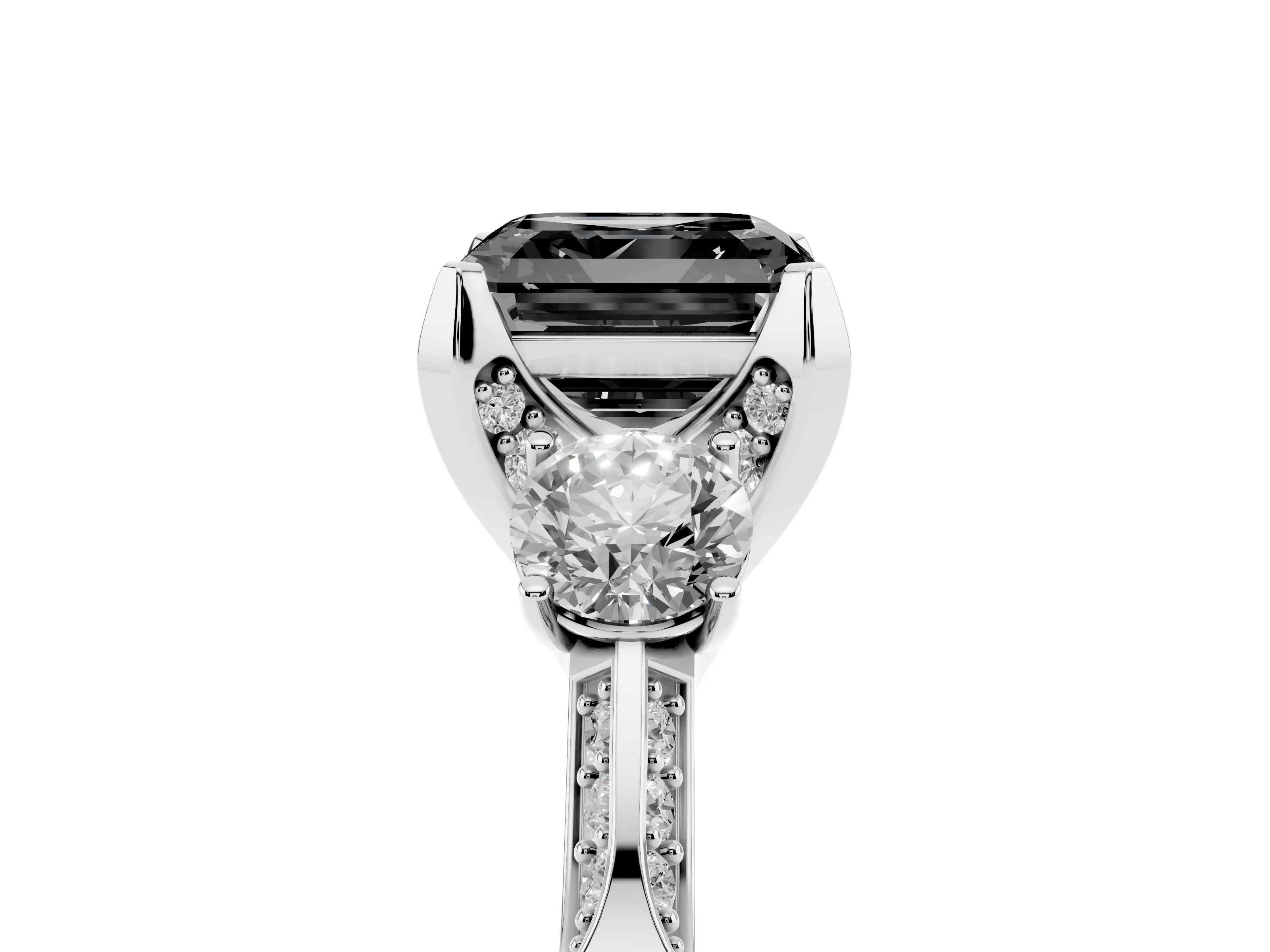 Fancy Black Asscher Cut Diamond Three-Stone Ring Set in Silver with Pavé Band and Smaller Side Stones