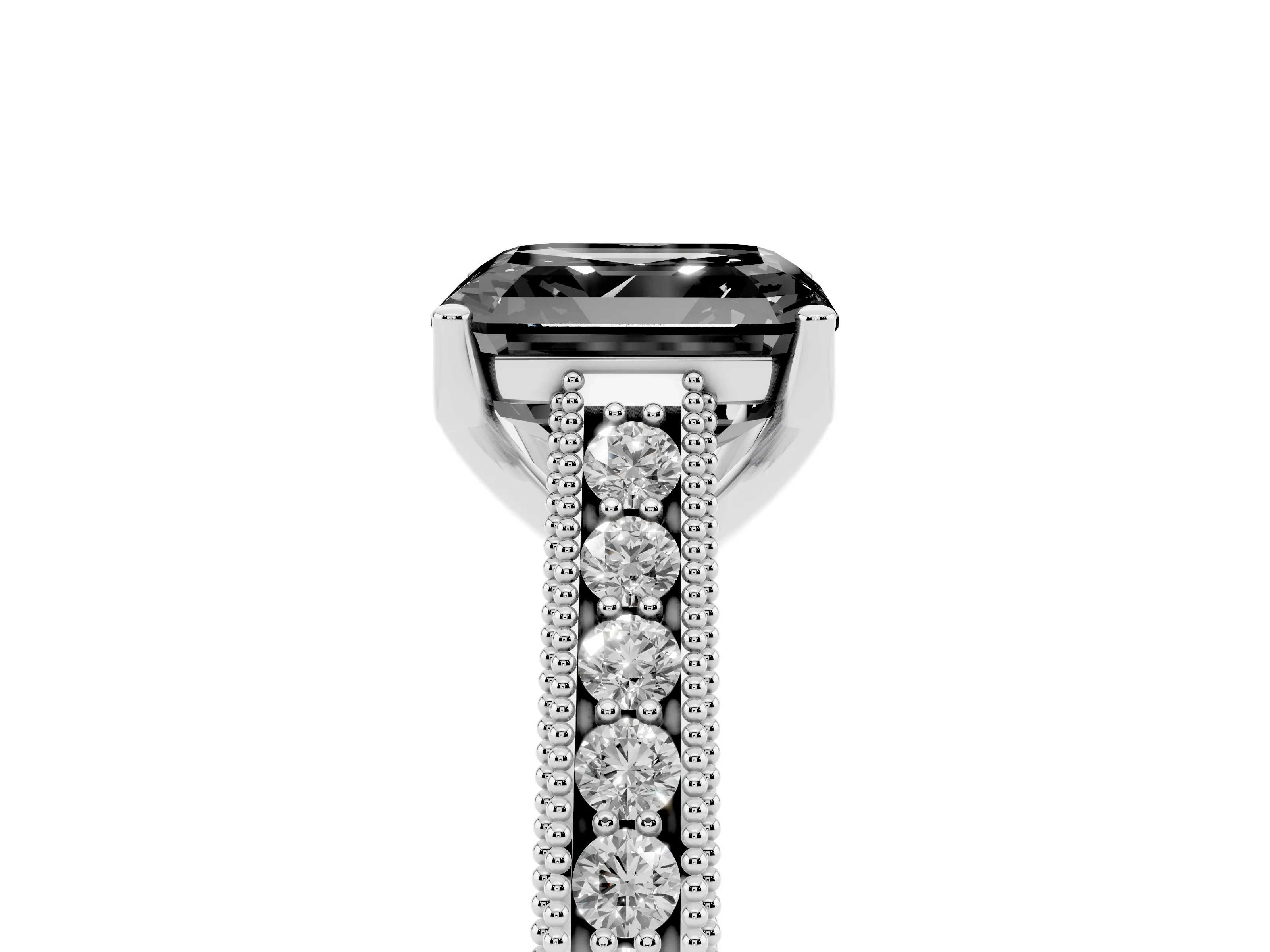 Fancy Black Asscher Cut Diamond Milgrain Pavé Band Solitaire Ring Set in Platinum with Prong Setting