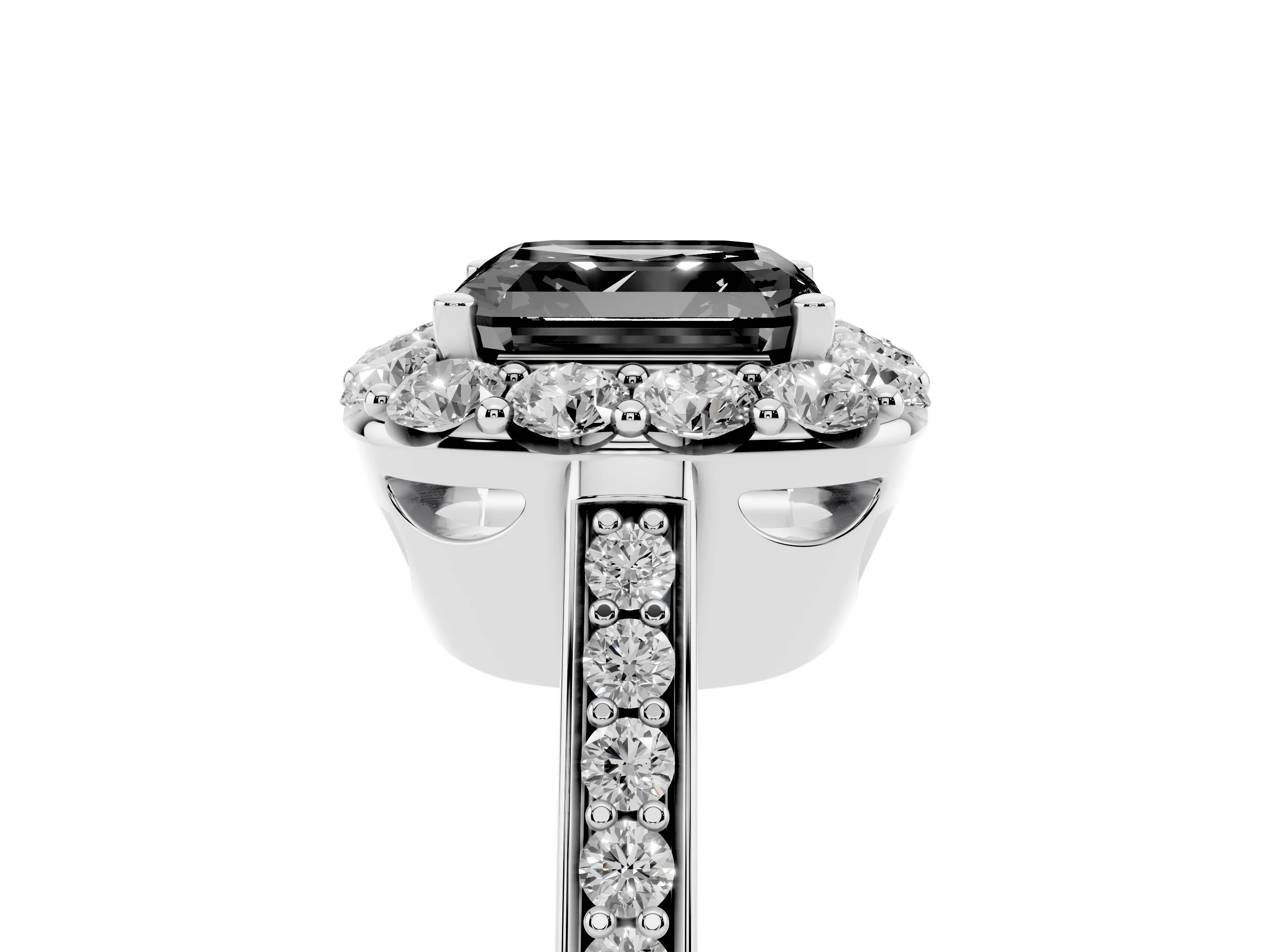 Fancy Black Asscher Cut Diamond Floral Halo Ring Set in Silver with Pavé Band and Prong Setting