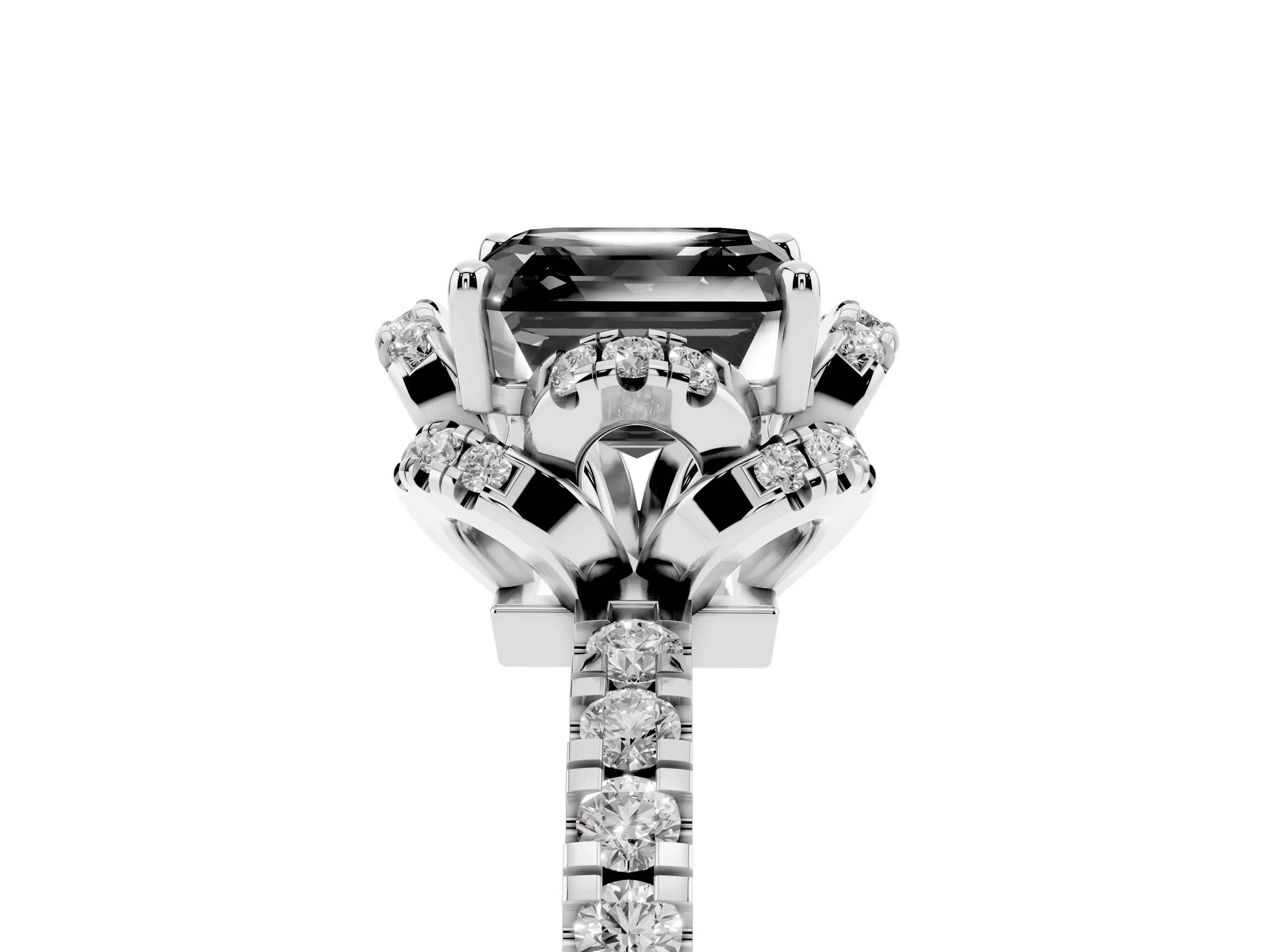 Fancy Black Asscher Cut Diamond Halo Pavé Ring Set in White gold with Prong-Held Center Stone
