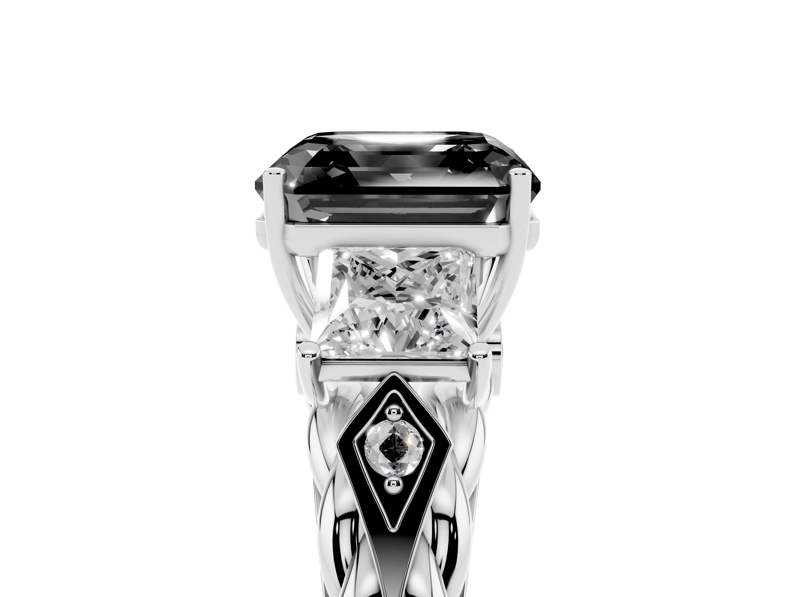 Fancy Black Asscher Cut Diamond Three-Stone Ring Set in Silver with Braided Band