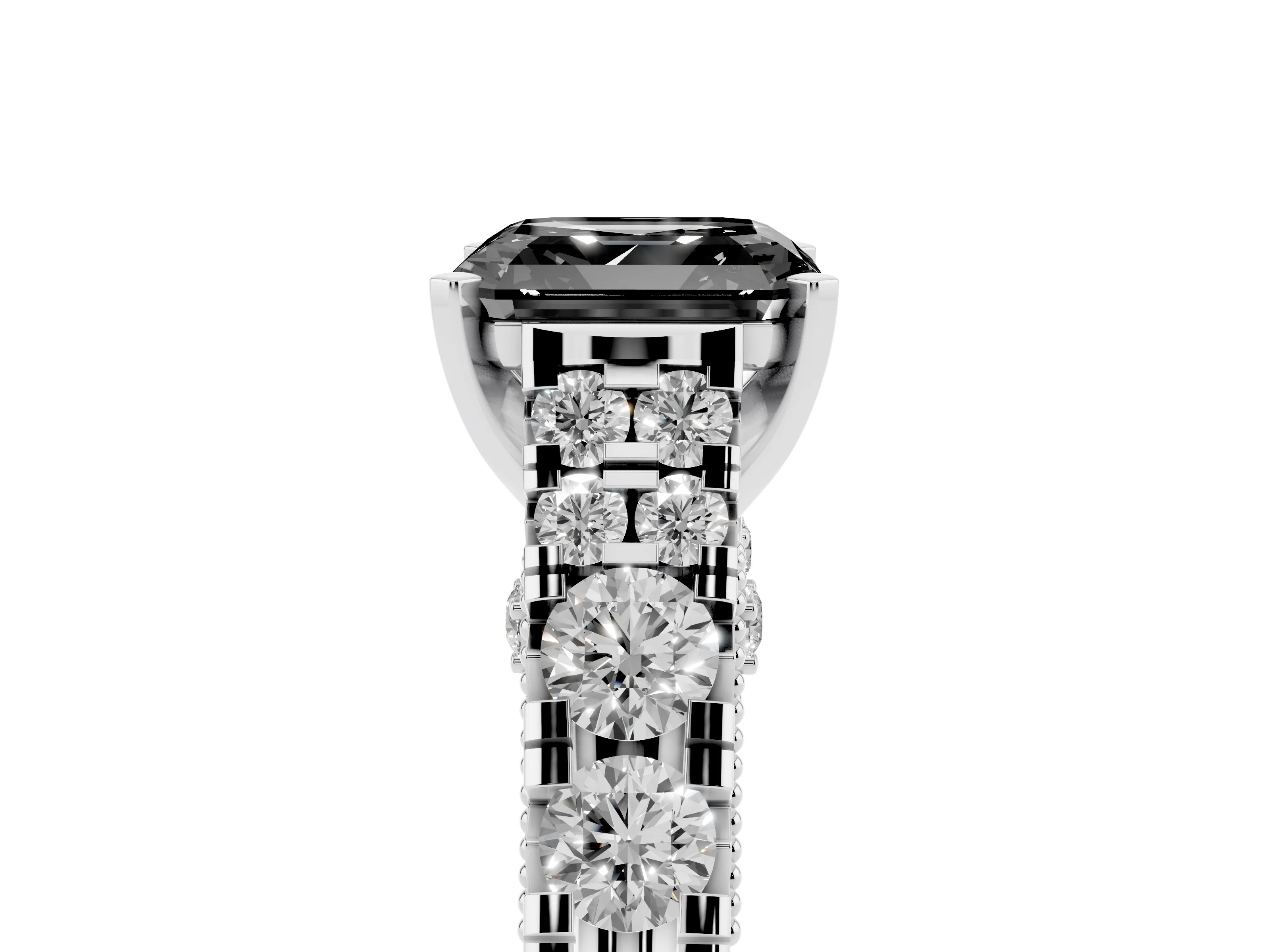 Fancy Black Asscher Cut Diamond Classic Solitaire Ring Set in Platinum with Pavé Band and Prong Setting