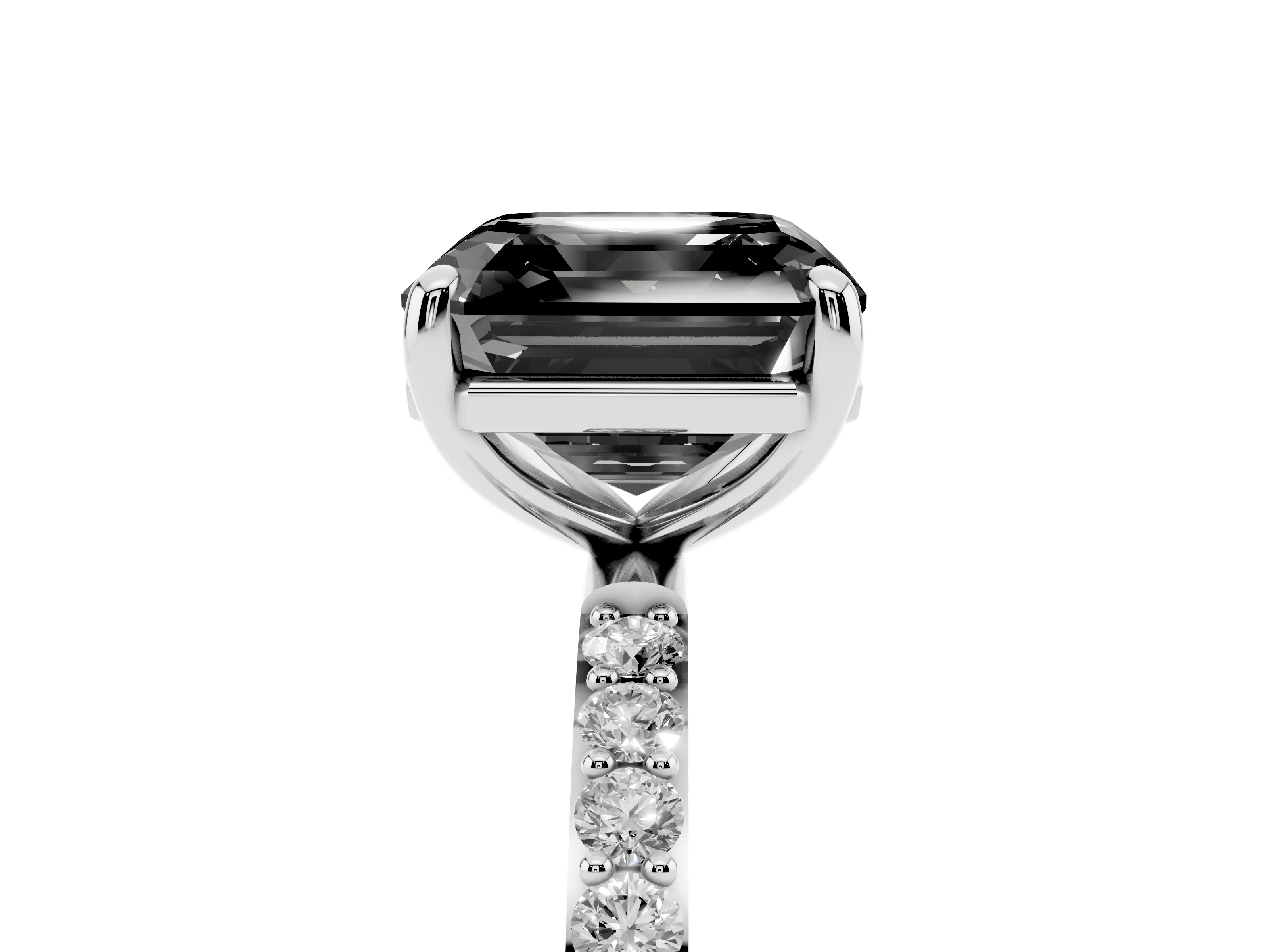 Fancy Black Asscher Cut Diamond Solitaire Ring Set in Platinum with Round Pavé Band and Prong Setting